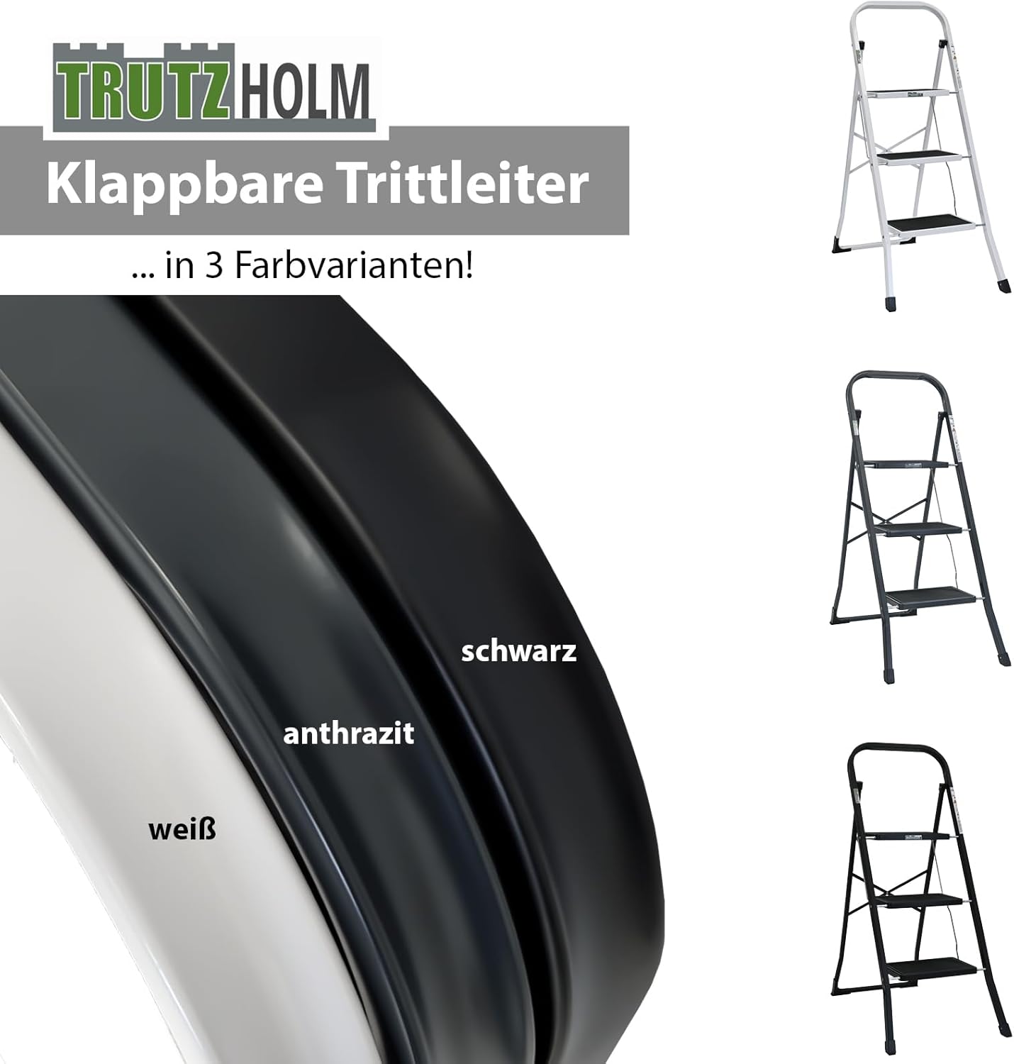 Klapptritt mit 3 Stufen und Sicherheitsverriegelung, 3 Stufen Weiss
