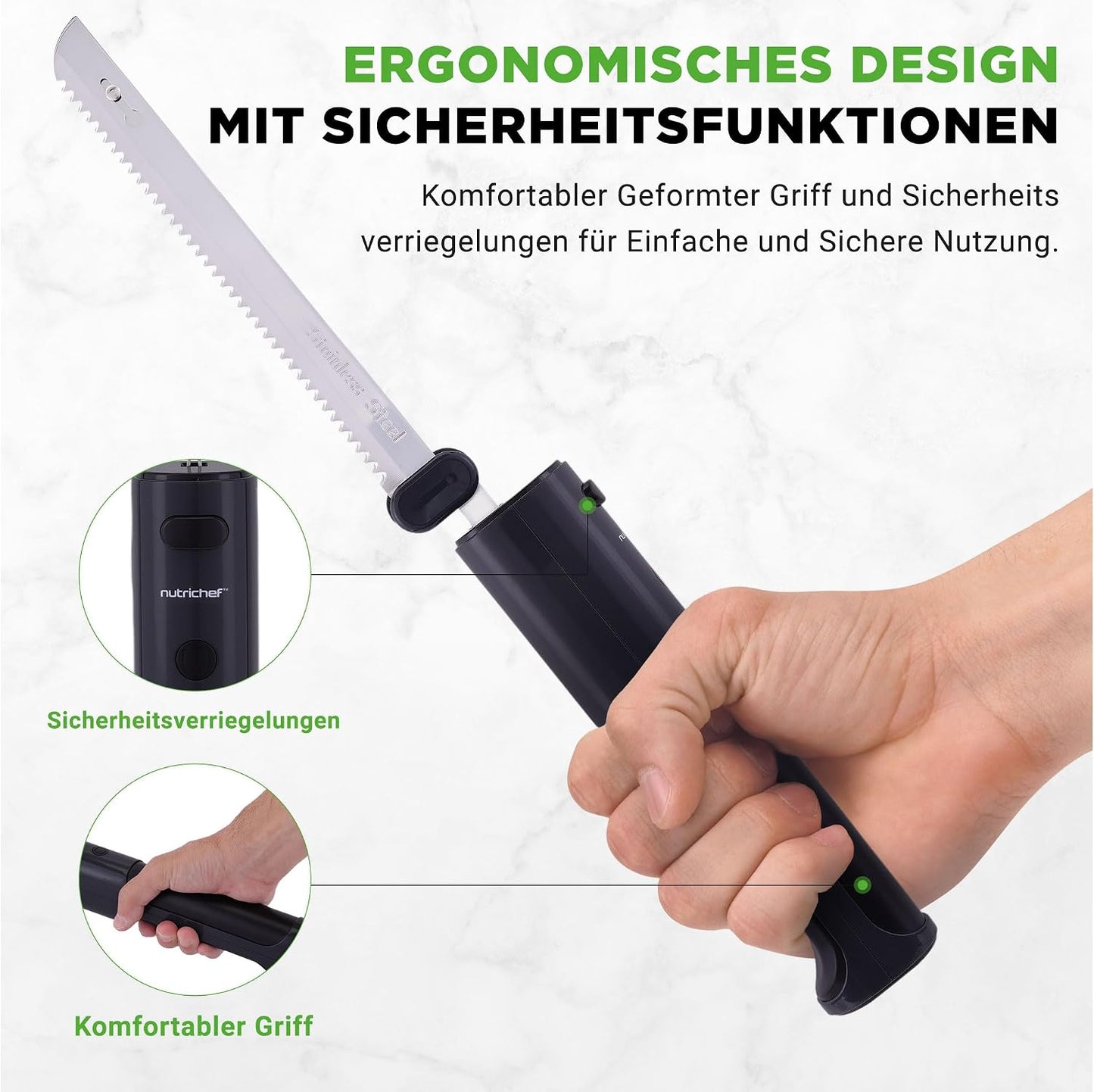 Elektrisches Messer mit ergonomischen Griff & Sicherheitsverriegelung, Schwarz