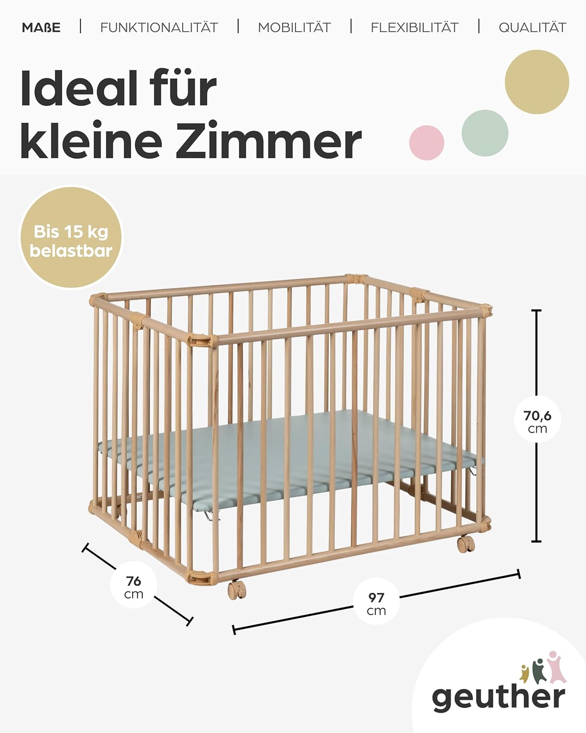 Laufgitter Lucilee höhenverstellbar, klappbar, Mint 76 cm x 97 cm Natur