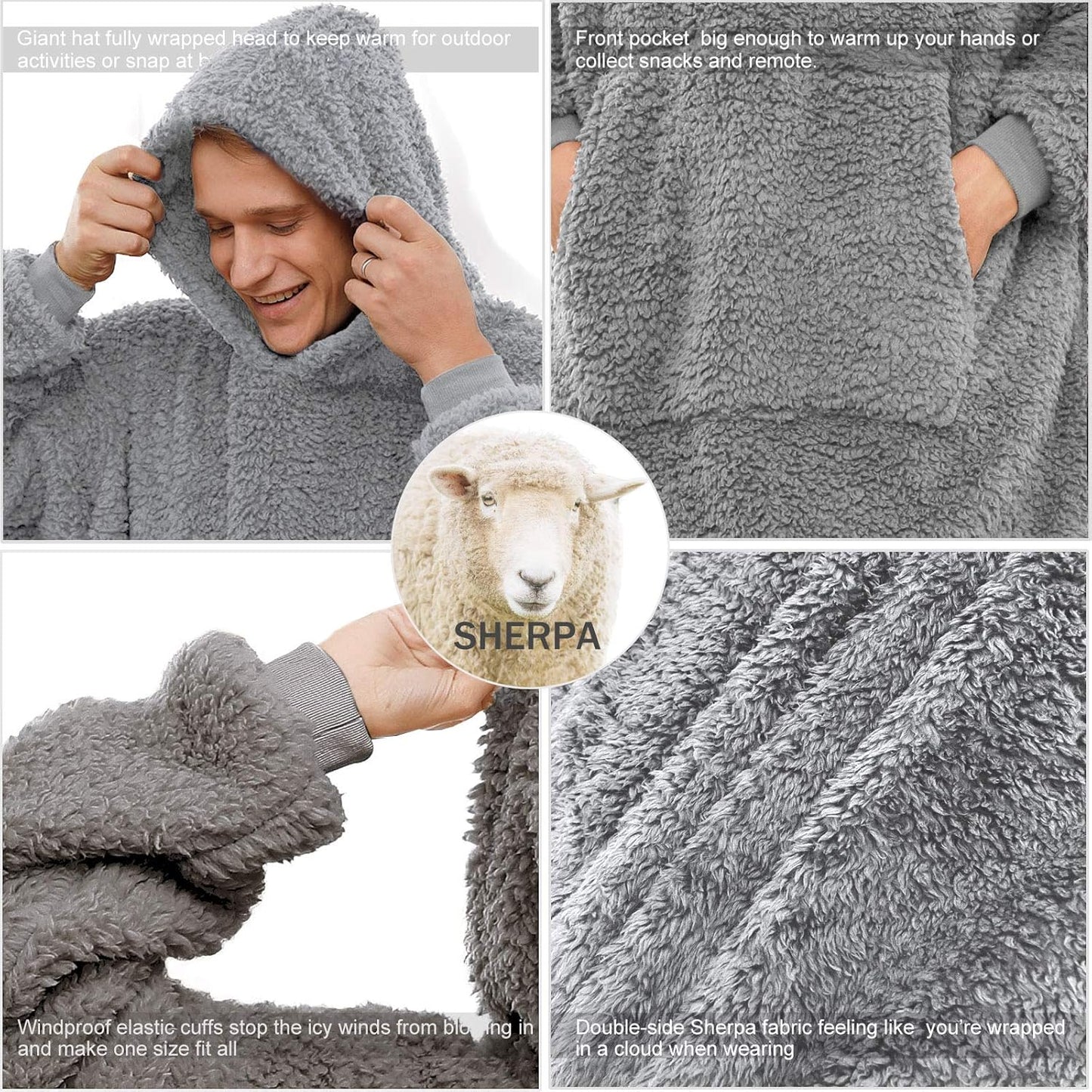 Übergrosse Sherpa-Decke mit Kapuze, Einheitsgröße Grau
