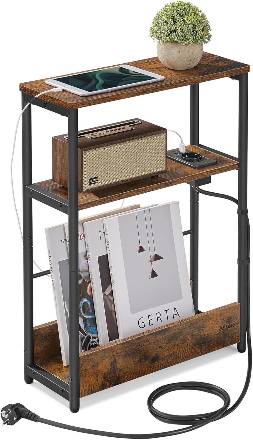 Schmaler Beistelltisch mit Ladefunktion und Ablagen, Vintagebraun + Tintenschwarz