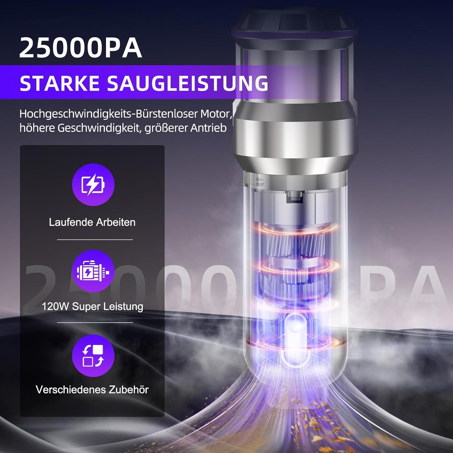 4-in-1 Akkustaubsauger mit Selbstentleerung, Silber mit Lila