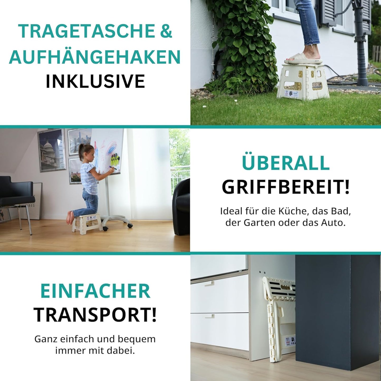 Klappbarer Tritthocker, Weiss/Beige 39cm Hoch