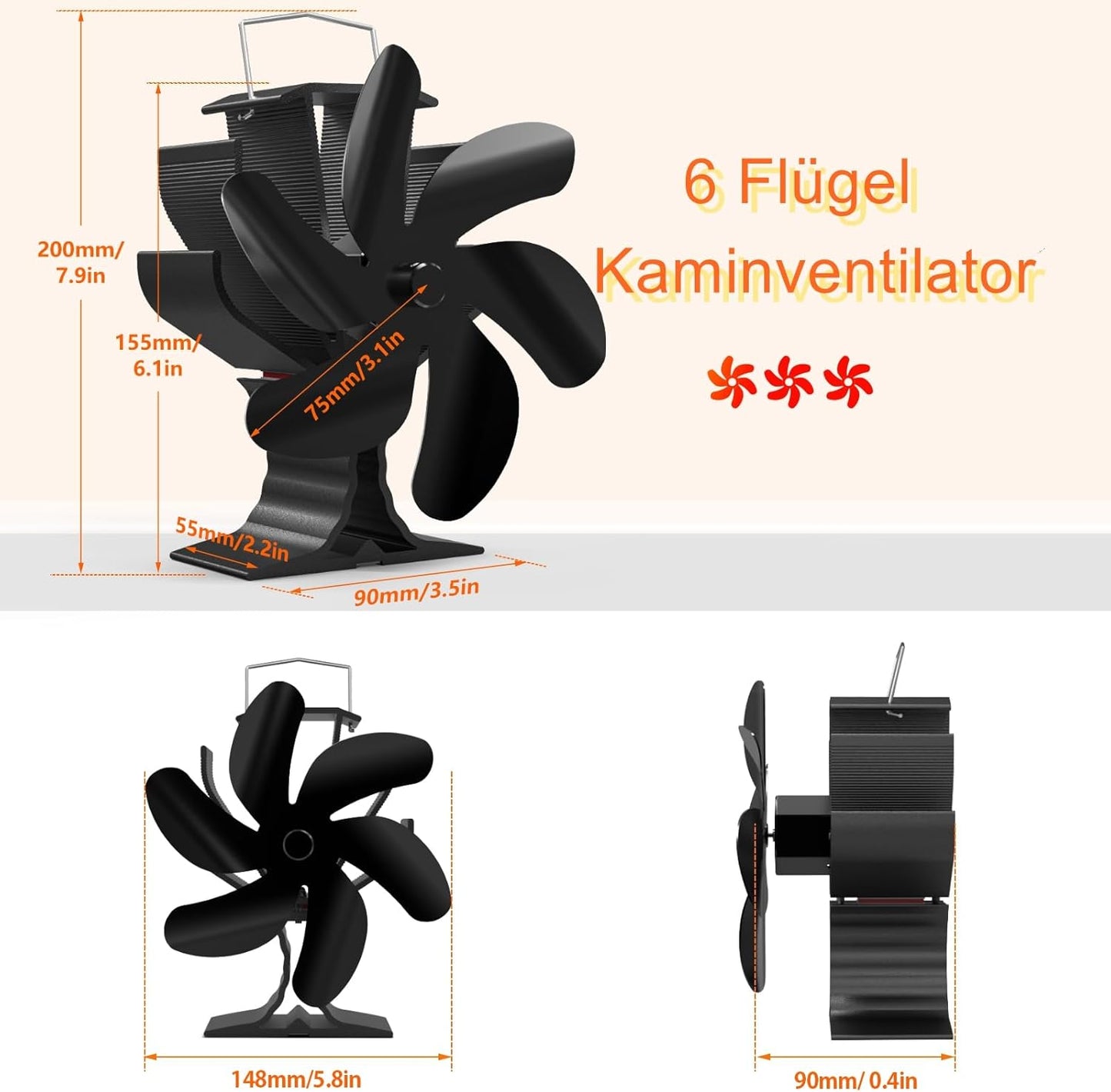Wärmebetriebener Kaminventilator, Sechs-Blättern