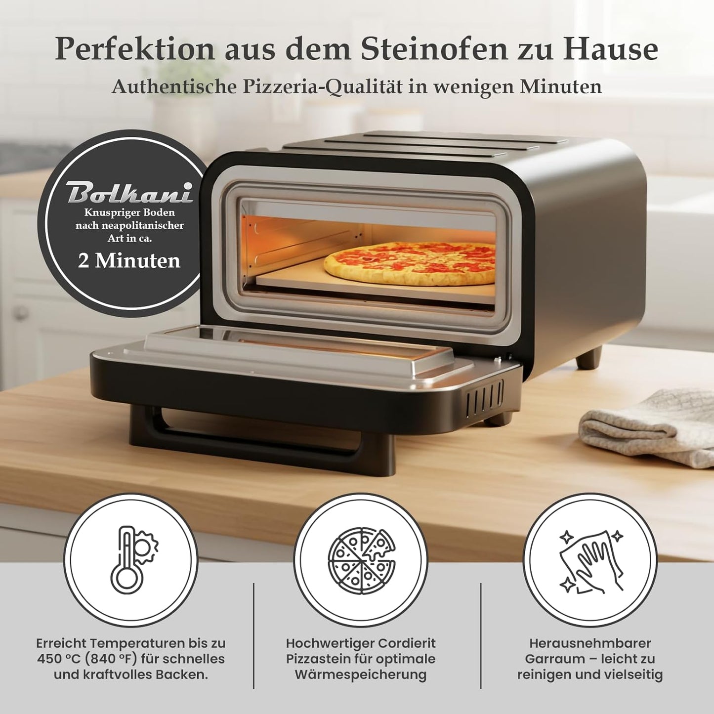 Elektrischer Pizzaofen mit Pizzastein & Timer, Schwarz
