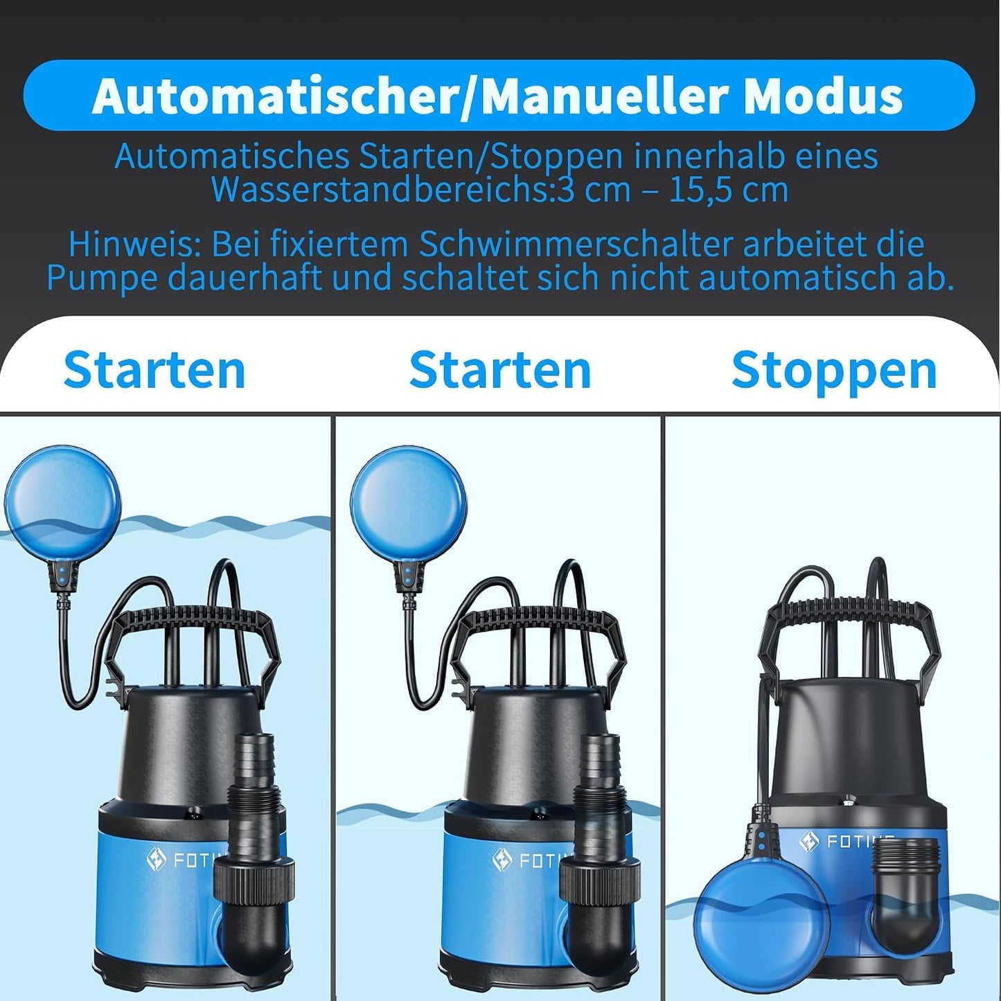 Tauchpumpe Q400210 mit einstellbarem Schwimmerschalter, Königsblau