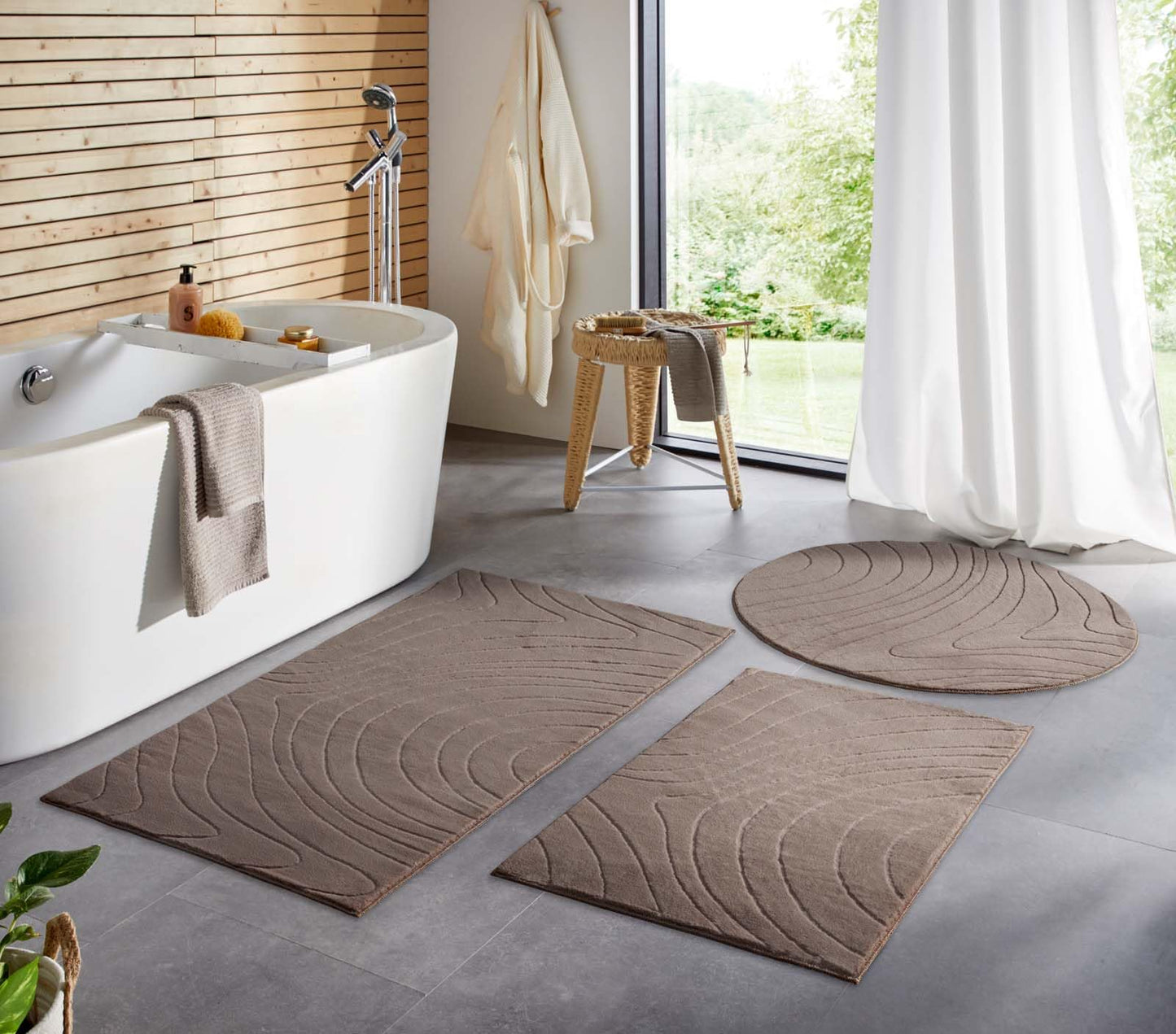 Runder Badematte, rutschfest, Taupe Abstrakte Wellen 120 cm (Rund)