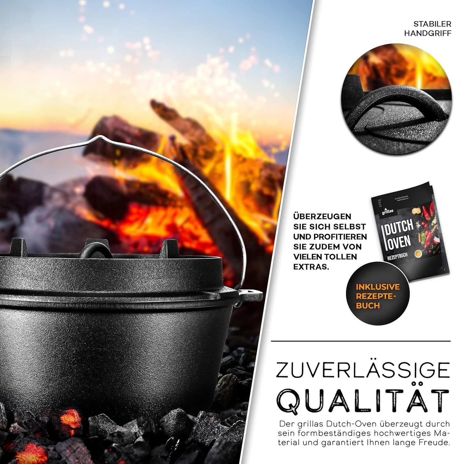 Dutch Oven Set, Topf ohne Füsse, 4,2 Liter / 4,5 QT