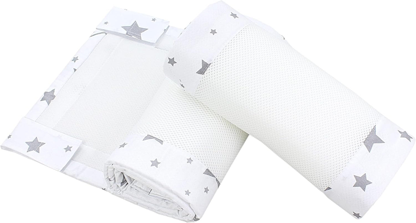 Bettumrandung Nestchen, ca. 128 x 30 cm (für Babybett 140x70) Grosse Sterne Grau/Weiss