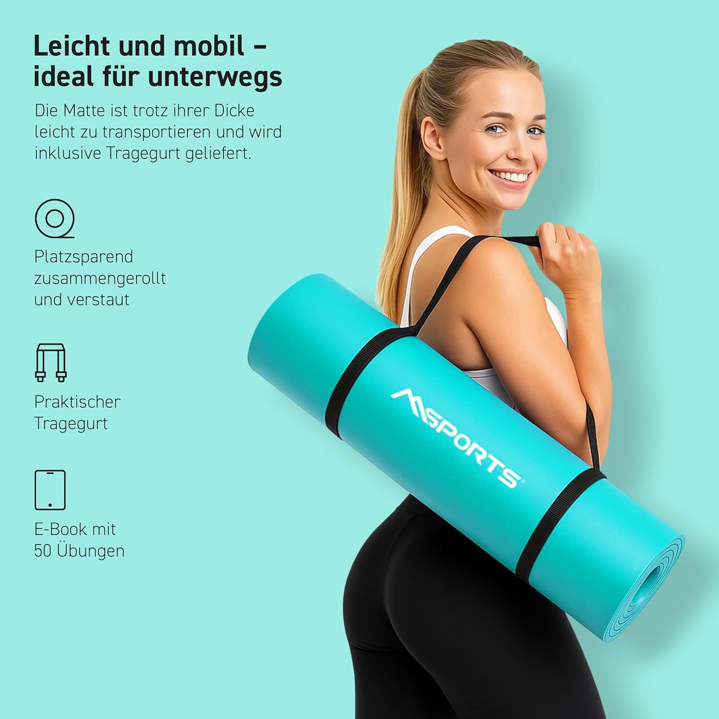Gymnastikmatte mit Tragegurt, Aquamarin / 190 x 60 x 1,5 cm
