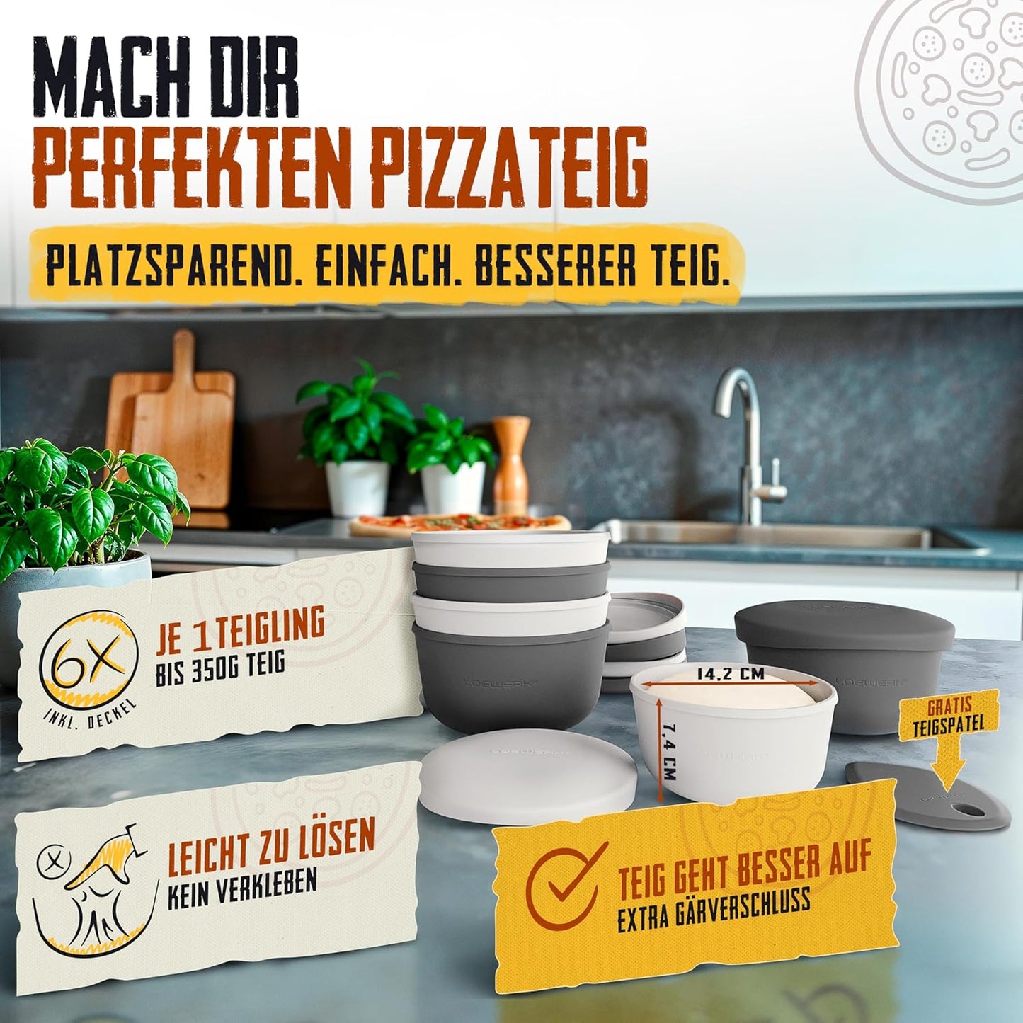 6er-Set Pizzaballenbox mit Deckel und Teigspatel, 6er Set - Schwarz/Grau + Teigspatel