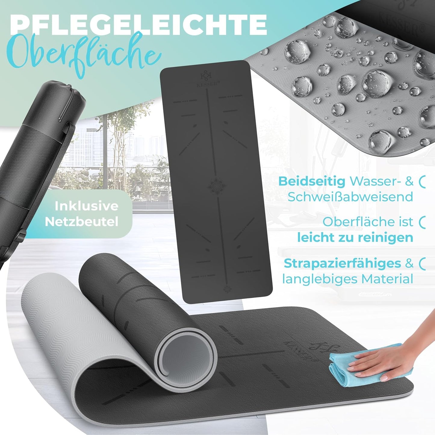 Gymnastik- und Yogamatte mit Tragegurt, Grau