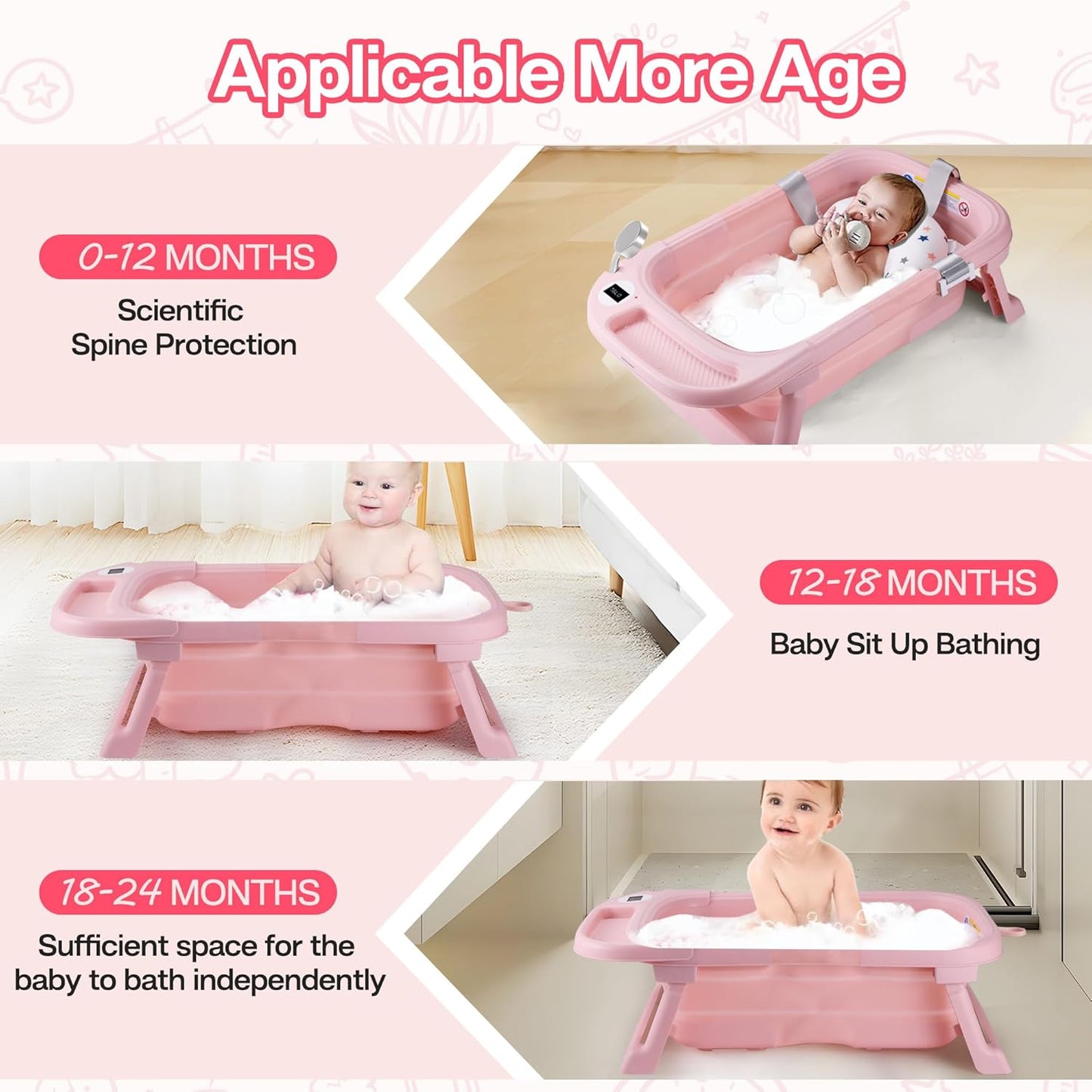 Faltbare Babywanne mit Thermometer, PINK+