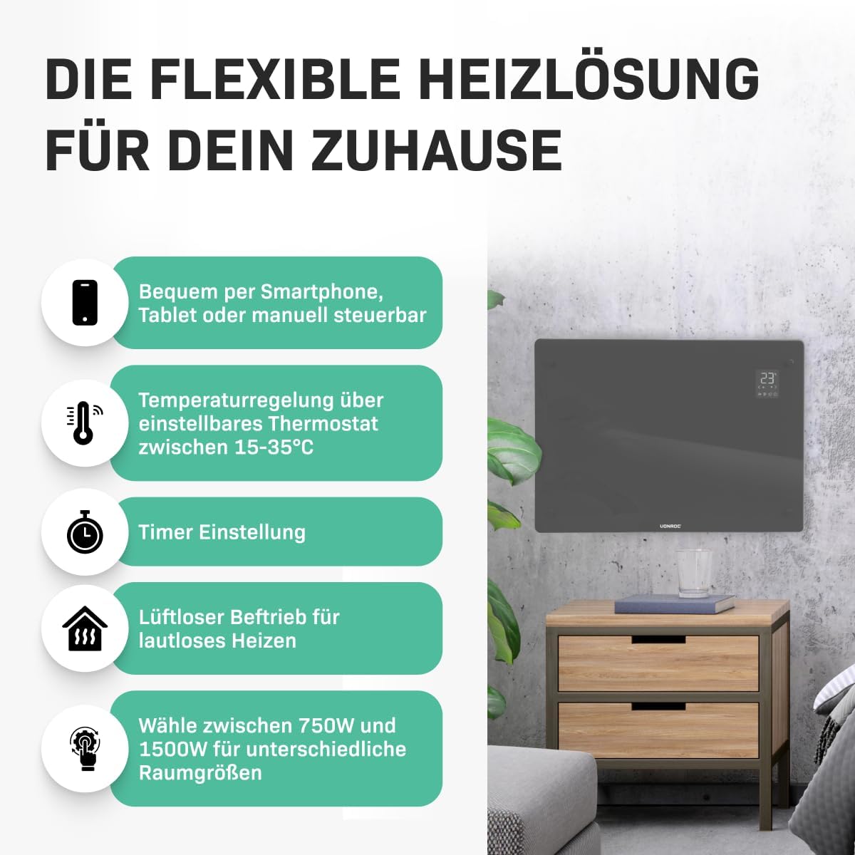 Elektroheizung, Grau 1500W