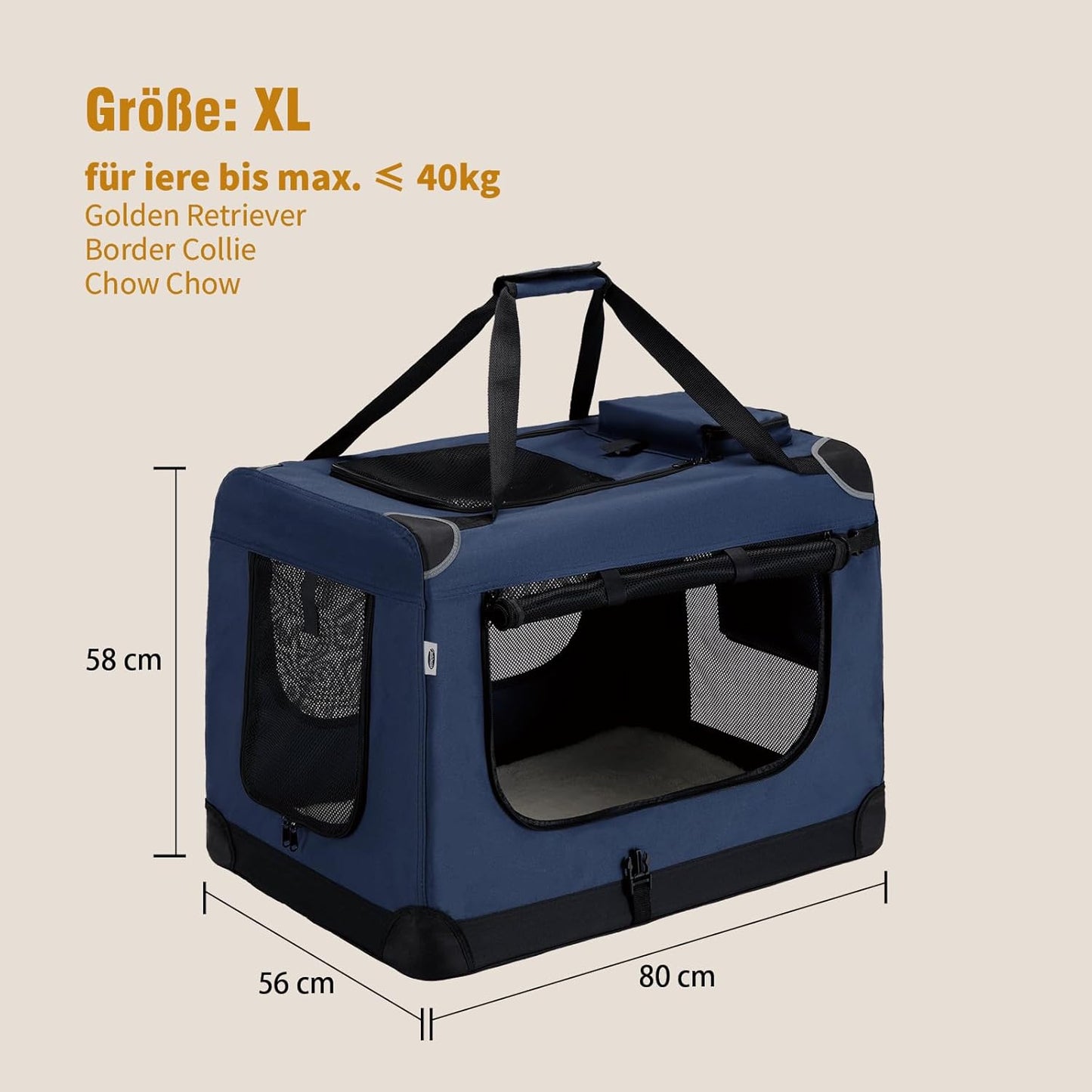 Faltbare Hundetransportbox mit Napf und Kotbeutel, XL Dunkelblau
