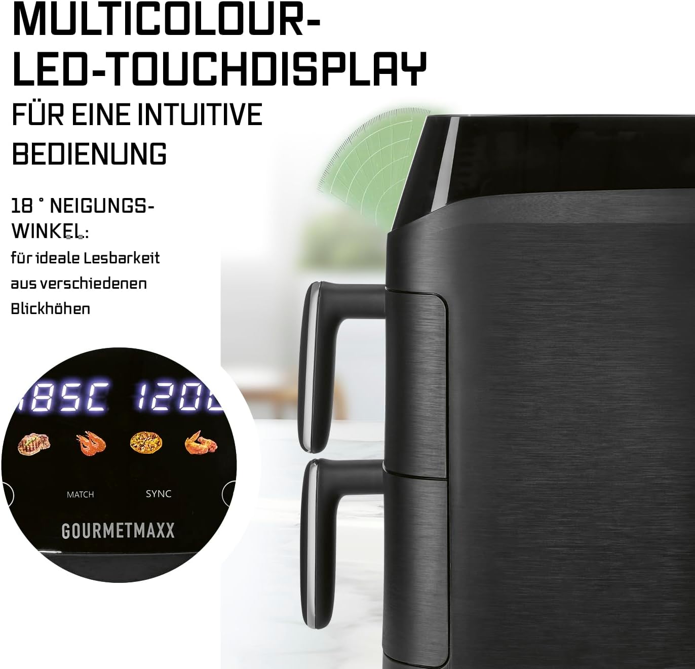 FryUp Vertikale Doppelkammer Heissluftfritteuse mit MultiColour-LED-Touchdisplay, Schwarz 5 Liter (2x 2,5L)