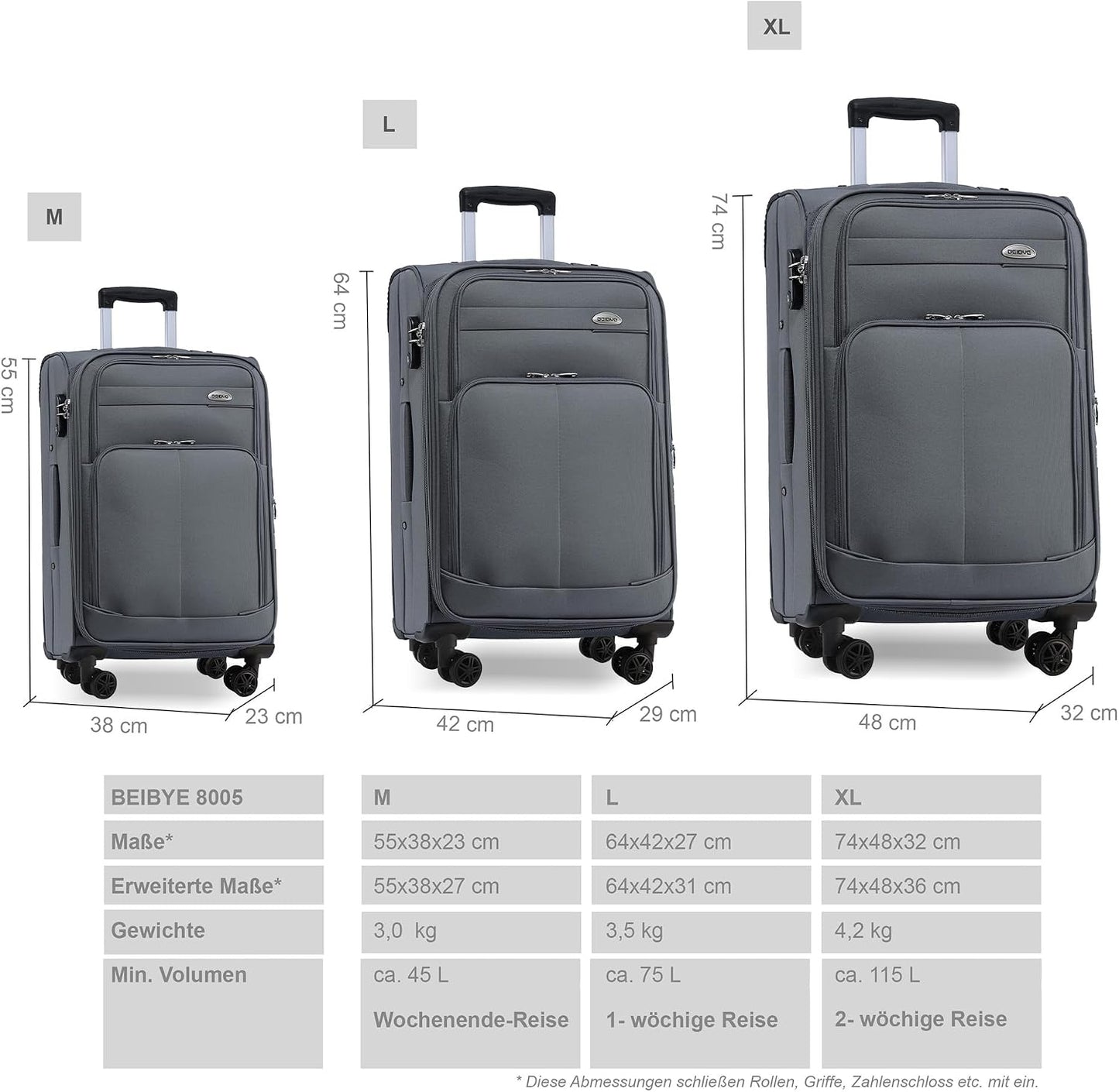 Leichter XL-Stoffkoffer mit Zahlenschloss, Grau XL-Grosser Koffer-74cm