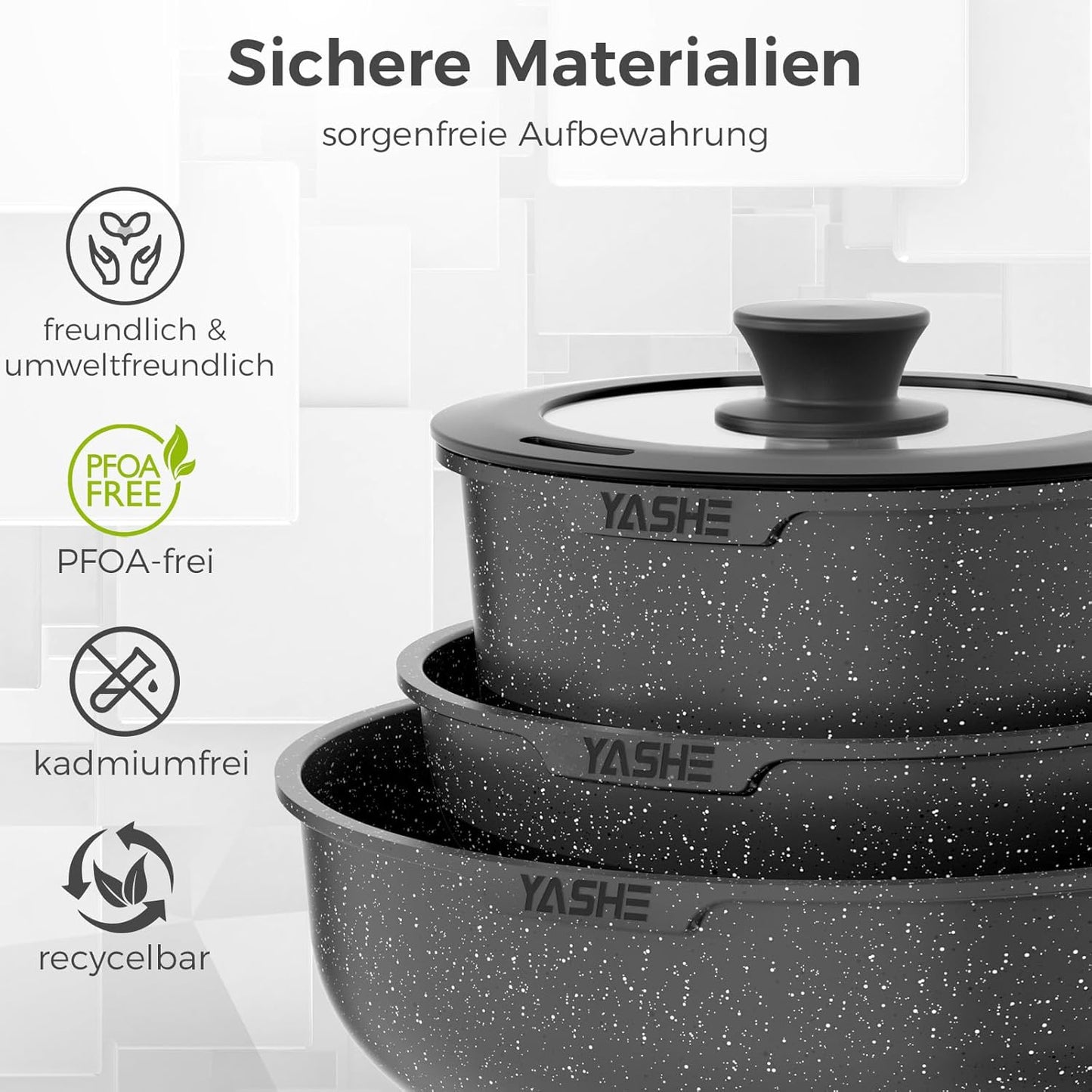 9-teiliges Antihaft-Topf- und Pfannenset, stapelbar, Grau