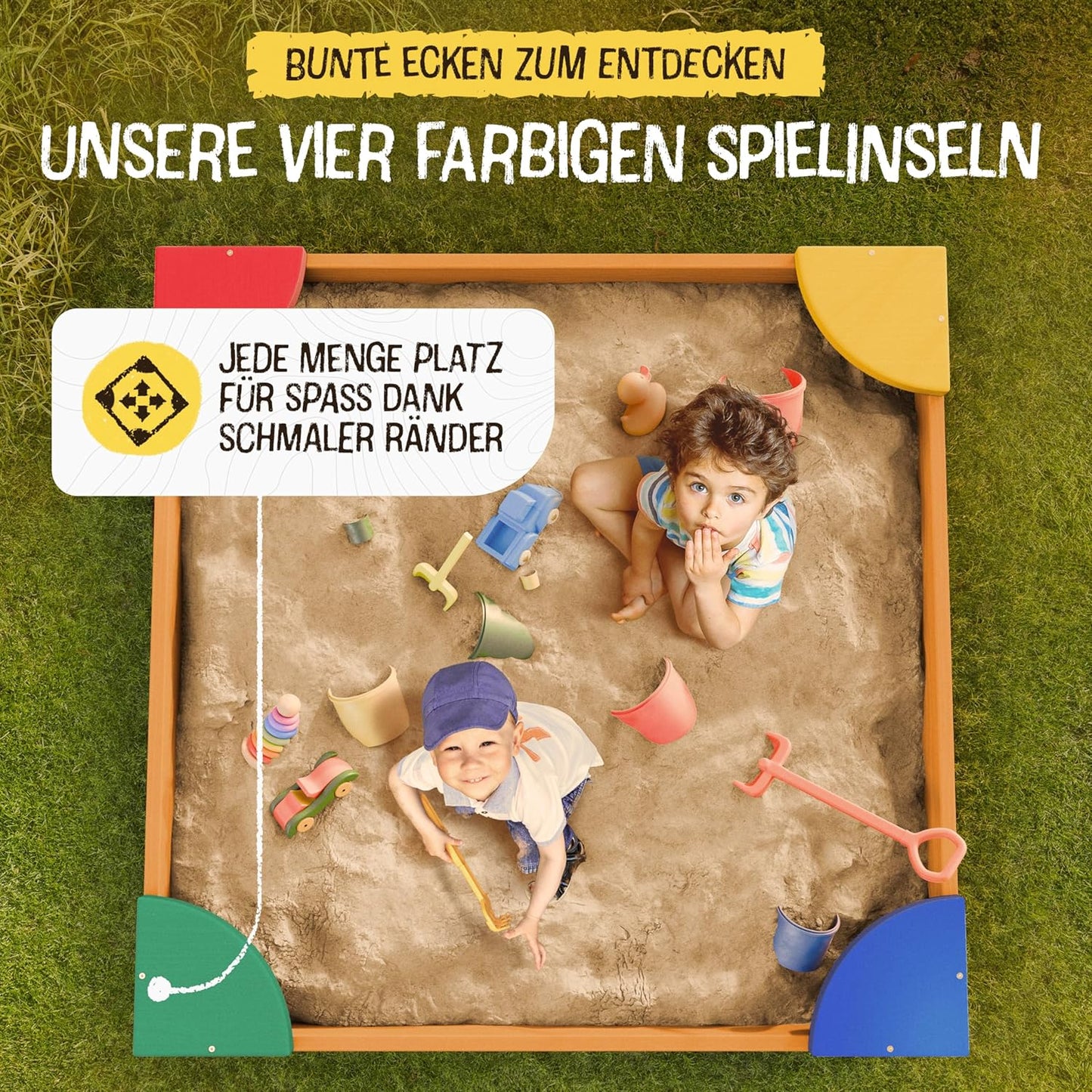Holz-Sandkasten mit Abdeckung und Bodenvlies, M - 120x120cm