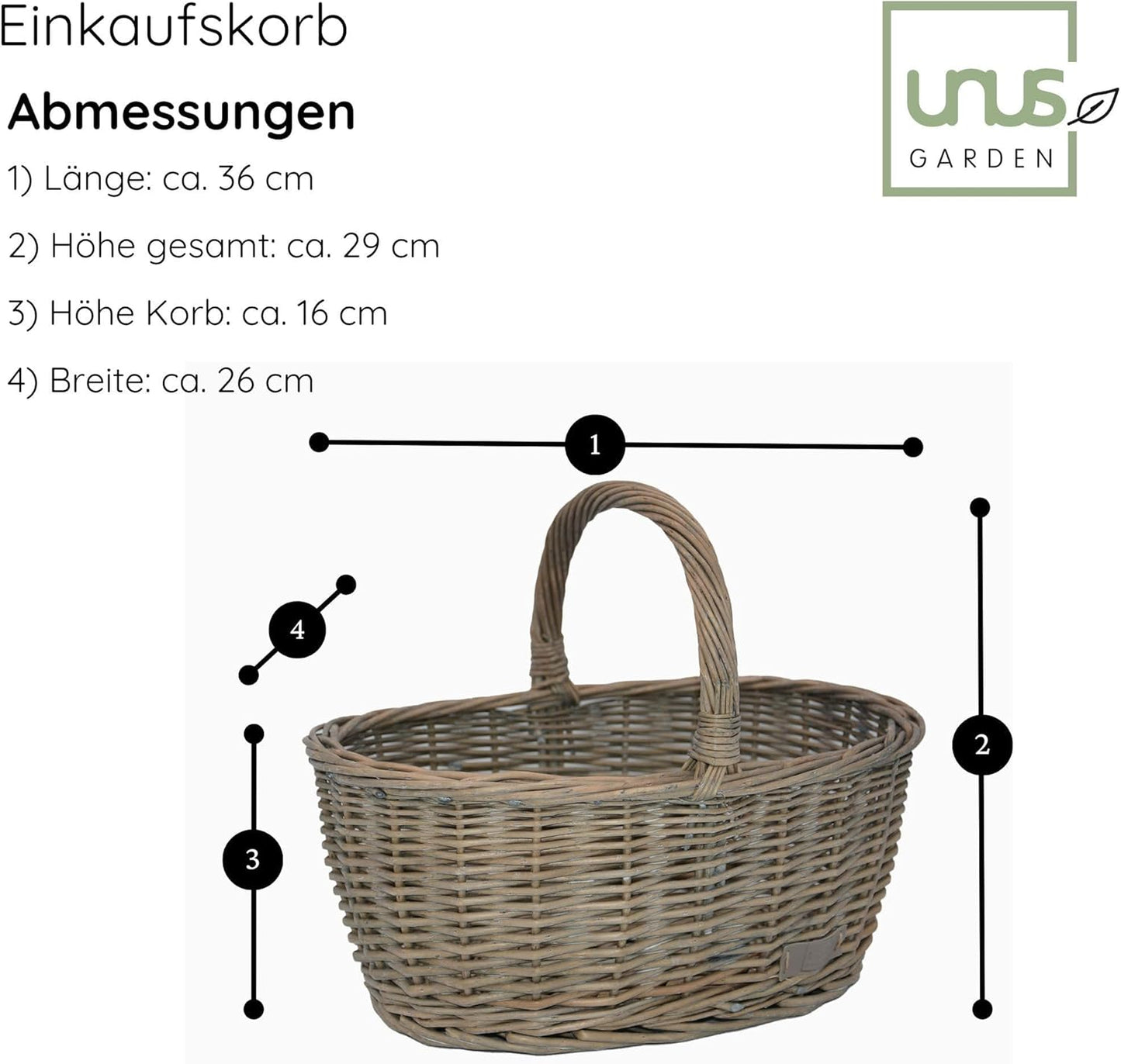 Weiden-Picknickkorb mit Henkel (36x16x26cm), Grau mittel