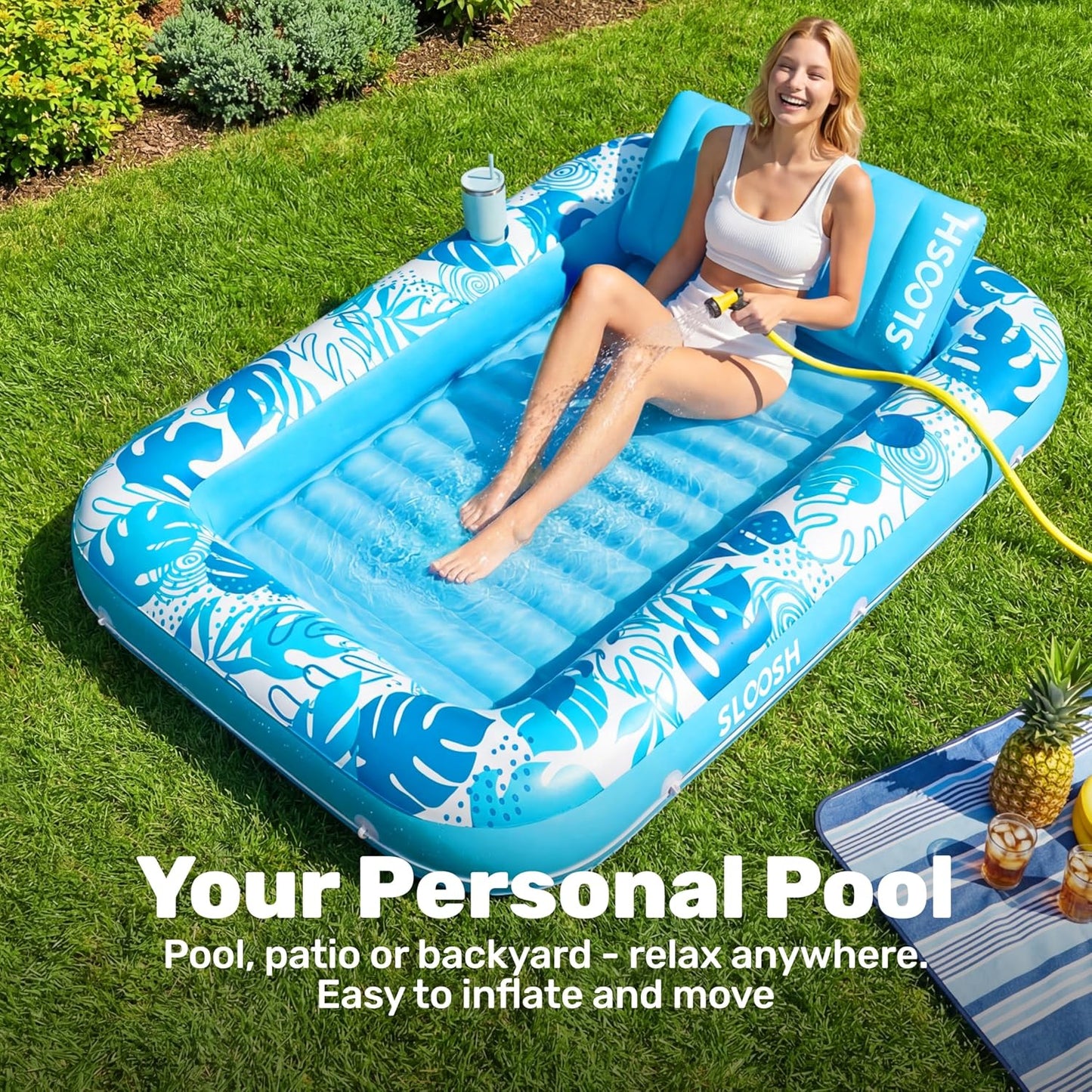 Aufblasbarer 4-in-1 Sonnenliegepool mit Kissen und Getränkehalter, Blau L