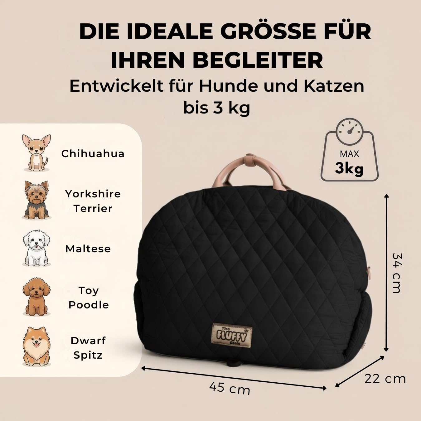 Hundetransporttasche fürs Auto mit Sicherheitsleine, Schwarz