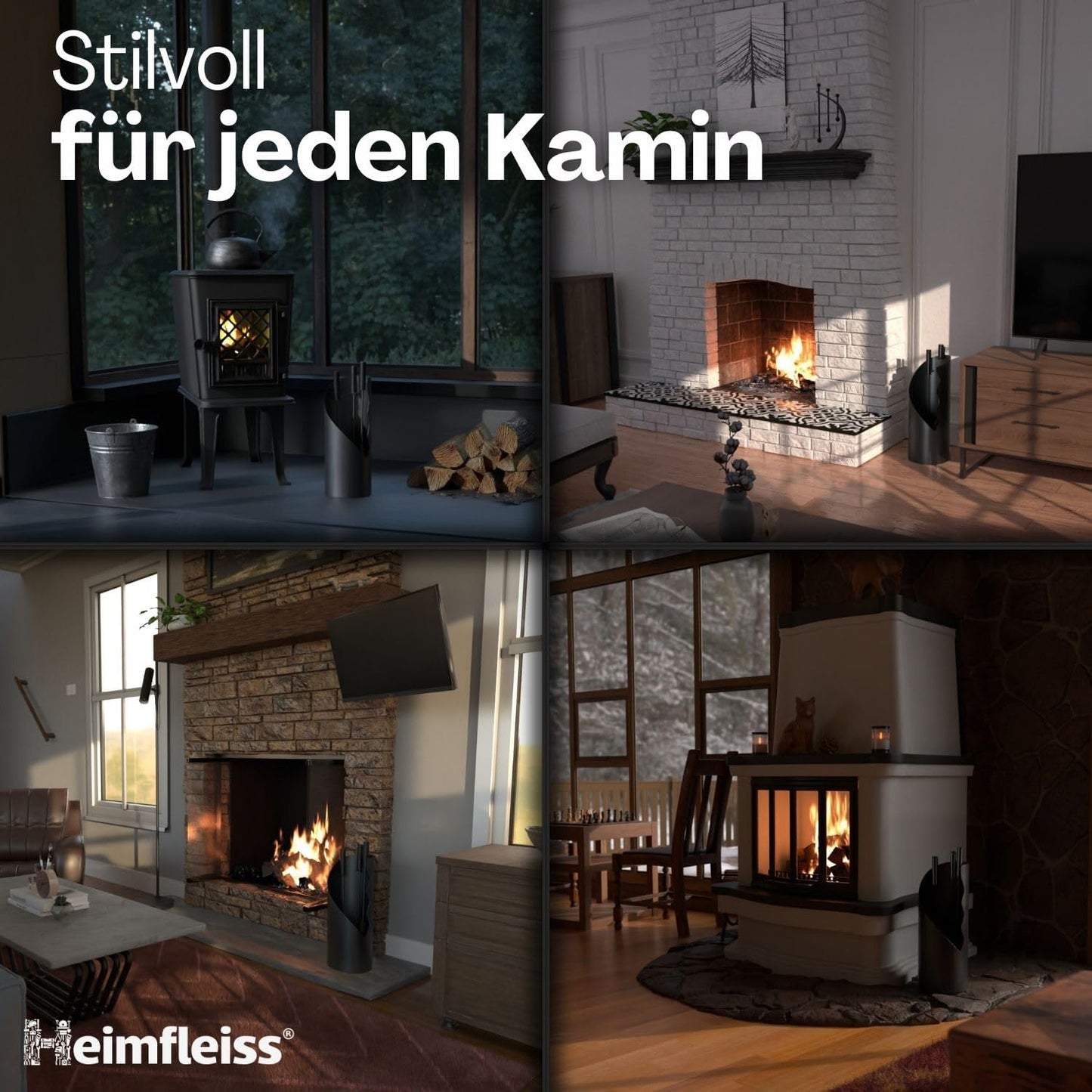 Modernes Kaminbesteck-Set, Schwarz mit Schwarzen Griffen