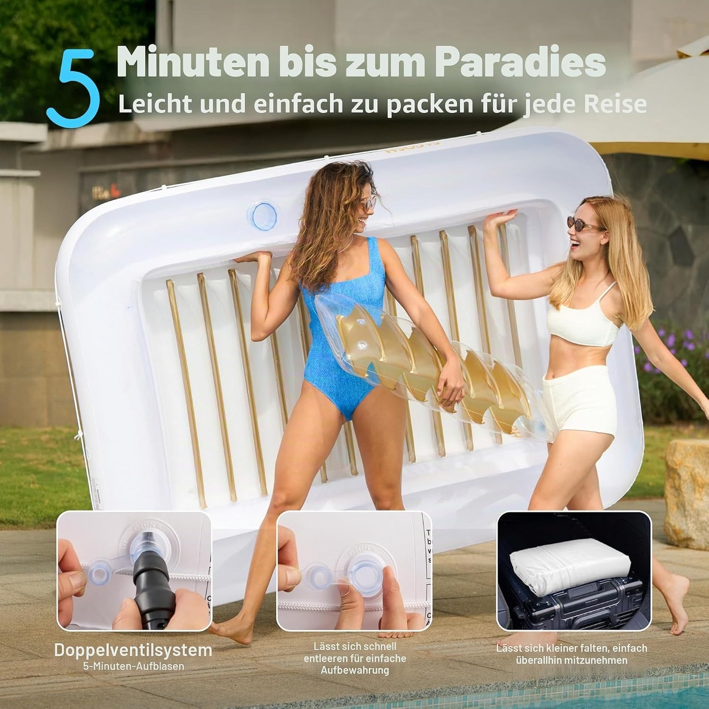 Aufblasbarer Sonnenpool mit abnehmbarem Kissen und Getränkehalter, Gold-Weiss XL