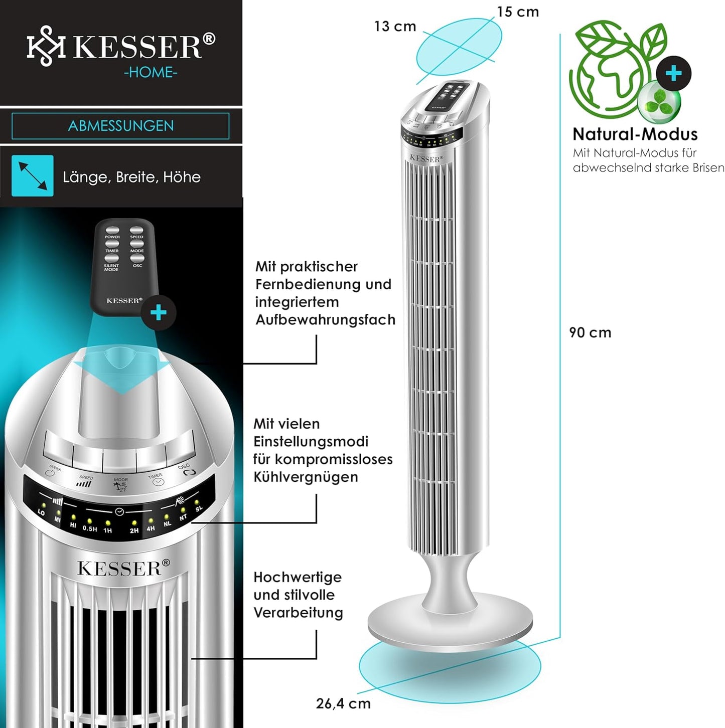 Turmventilator mit Fernbedienung und Timerfunktion, Silber