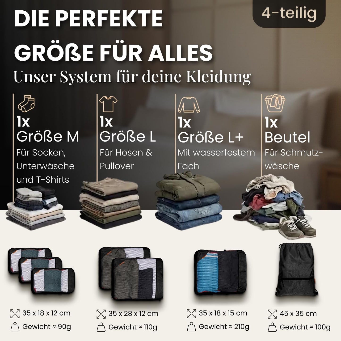 4-teiliges Packwürfel-Set, Midnight Escape - Schwarz 4-teilig