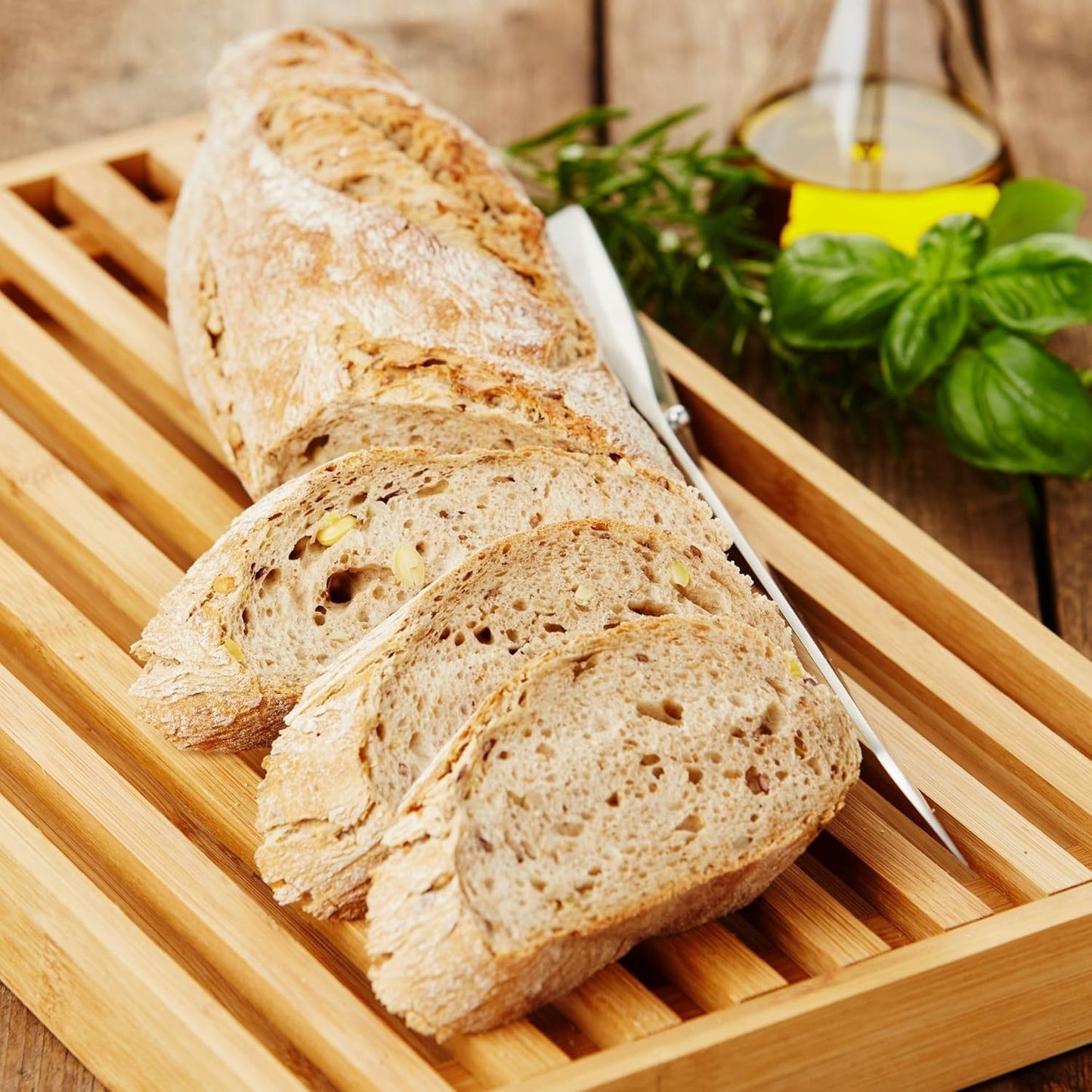 Brotschneidebrett mit Krümelrost und Auffangschale, 42.5L x 25B cm