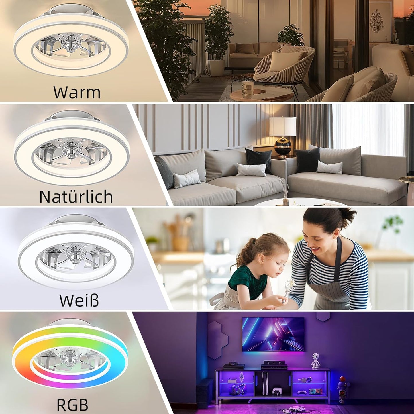 Deckenventilator mit Beleuchtung und Fernbedienung, Weiss 1 (3cct+rgb) 41.5CM