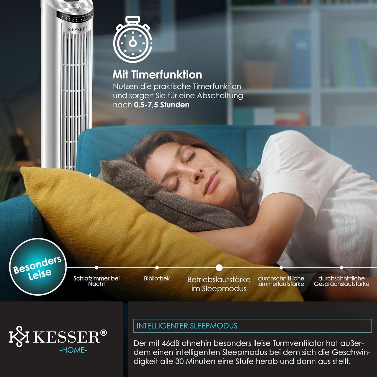 Turmventilator mit Fernbedienung und Timerfunktion, Silber