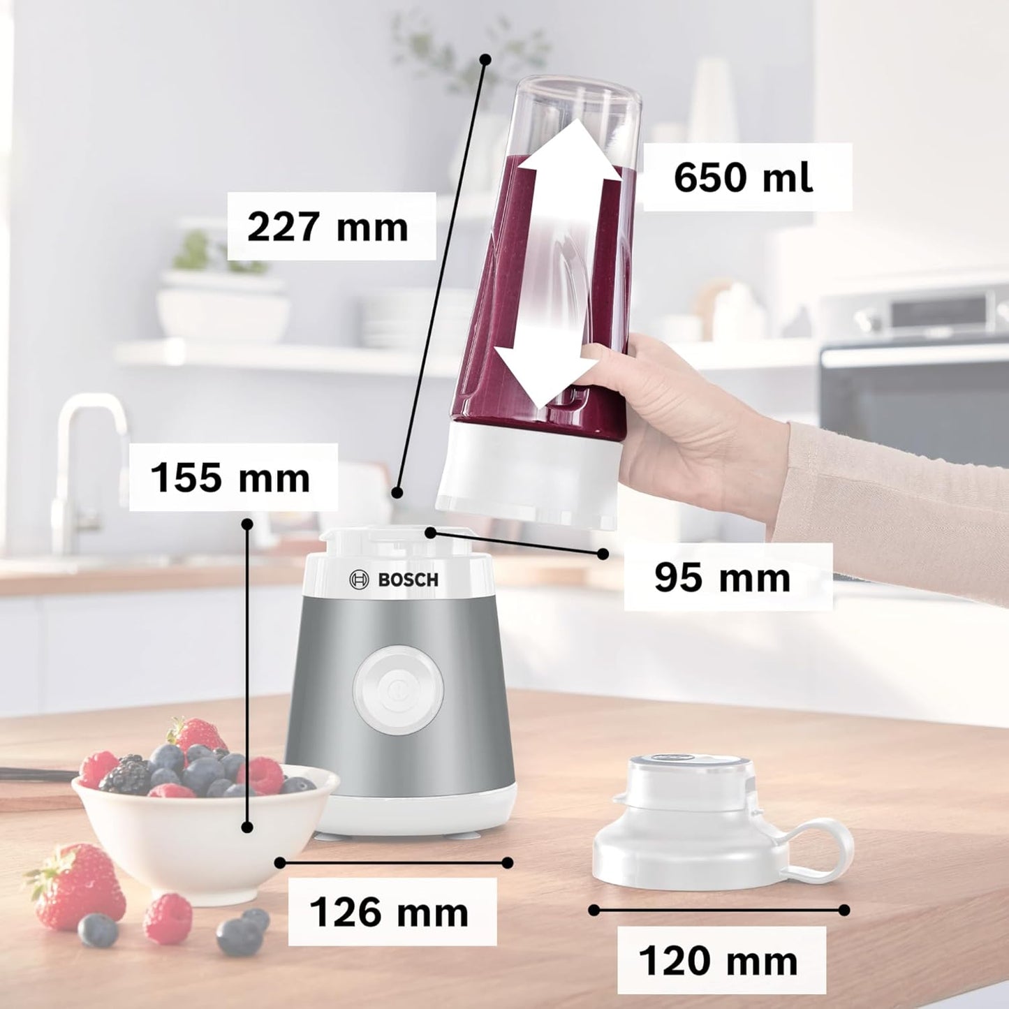 Mini-Standmixer mit ToGo-Flasche, Silber / Weiss ; 450 W