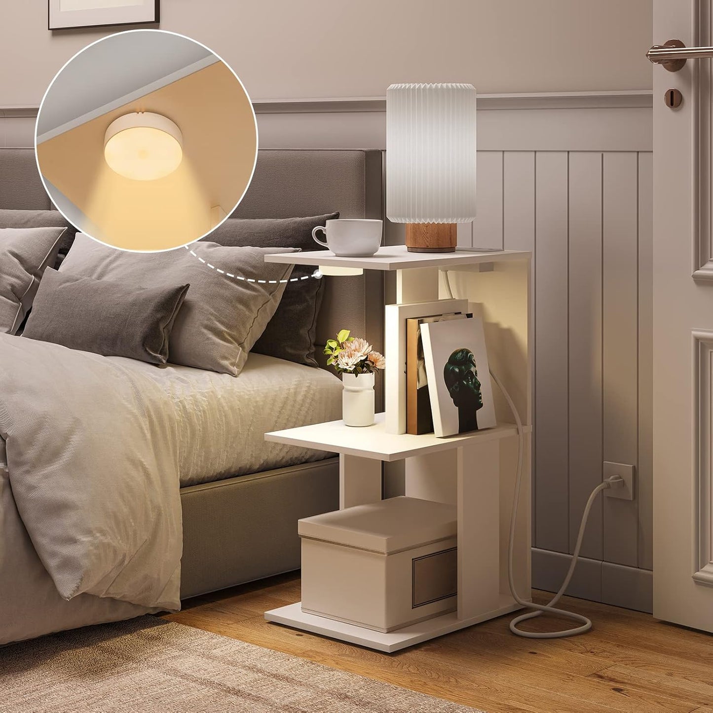 C-förmiger Beistelltisch mit Ladestation und LED, Weiss