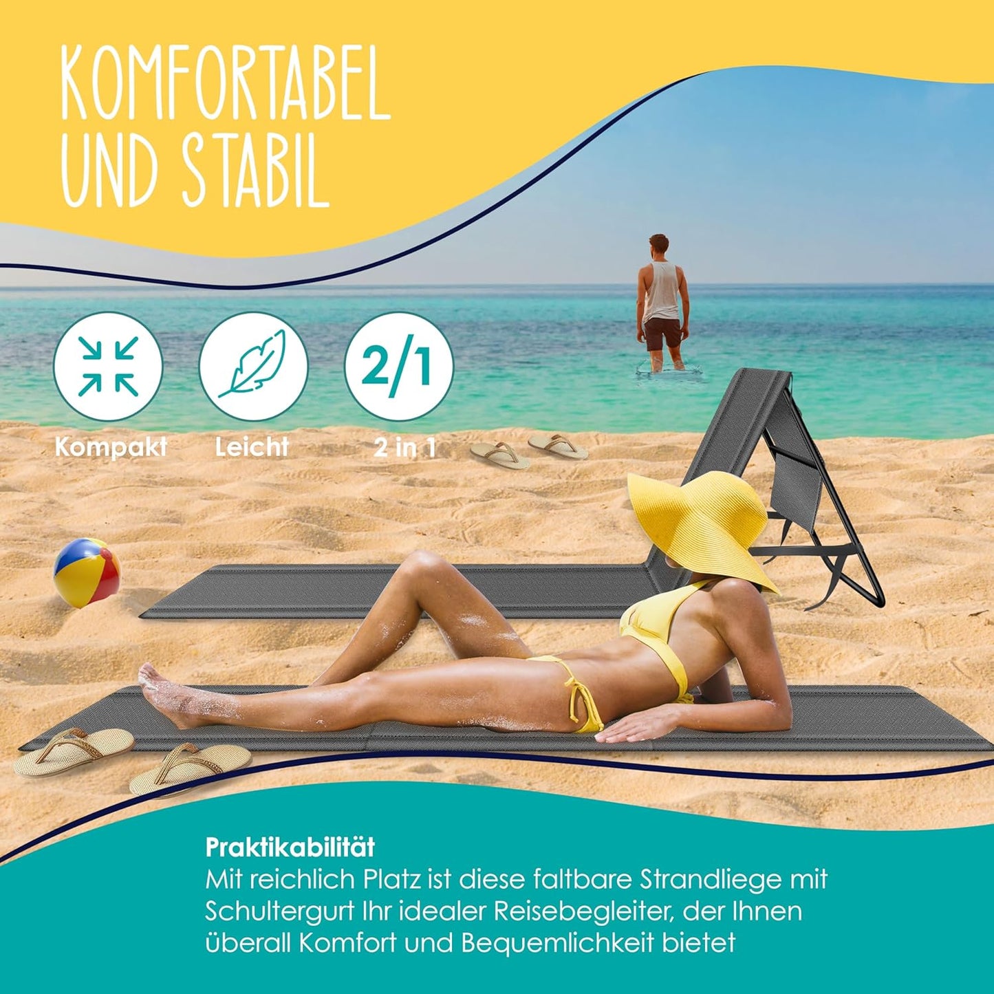 Klappbare Strandmatte mit verstellbarer Rückenlehne und Tragegurt, 1 Stück Anthrazit
