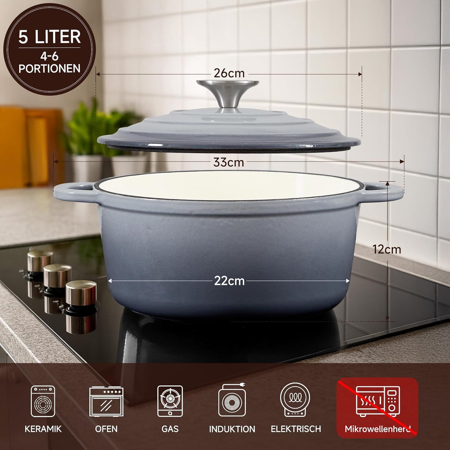 Schmortopf mit Deckel & Topflappen, 26cm/5L Grau