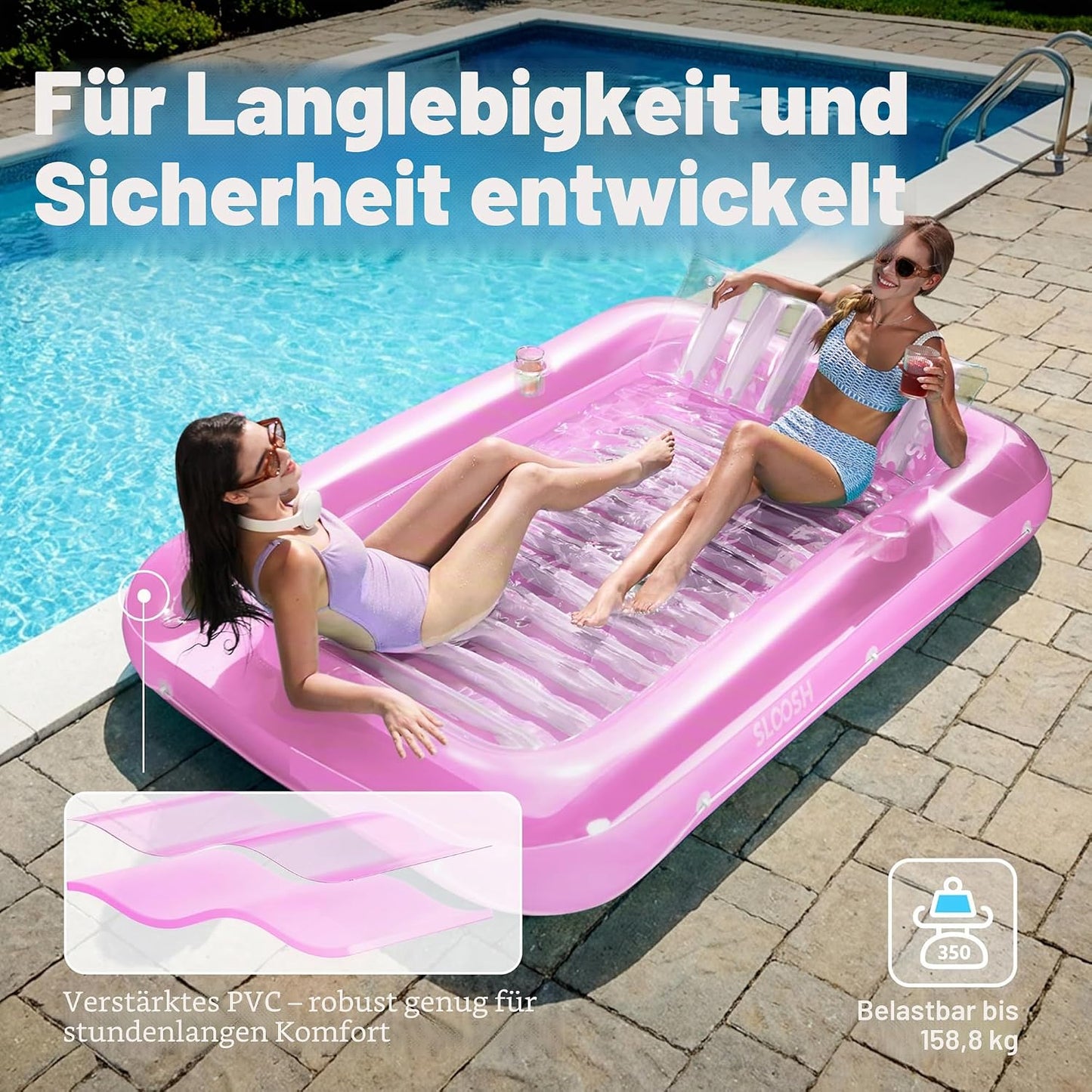 Aufblasbarer Sonnenpool mit abnehmbarem Kissen und Getränkehalter, Rosa-Weiss XL