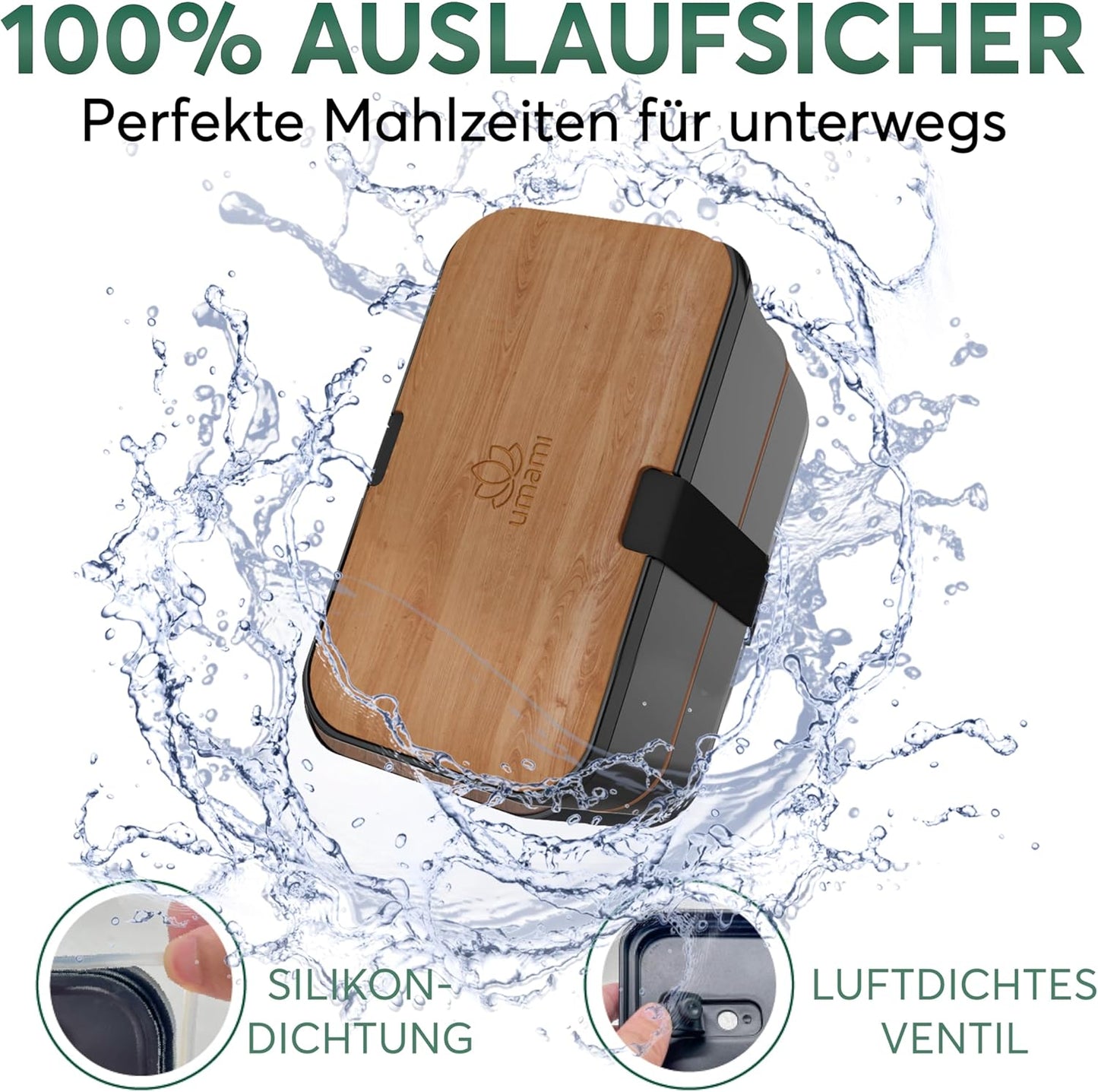 Auslaufsichere Bento Lunchbox mit Besteck & Fächern, Schwarze Kirsche L - 1500 ml