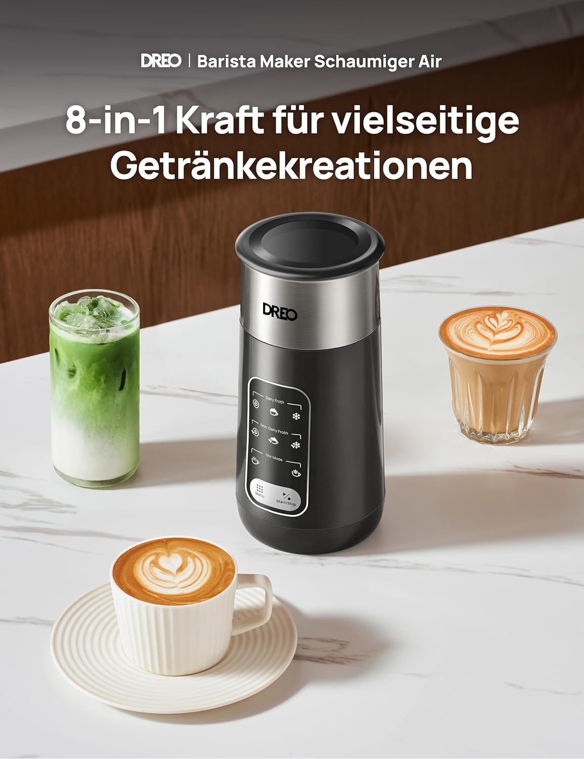 Elektrischer 8-in-1 Milchaufschäumer, Schwarz