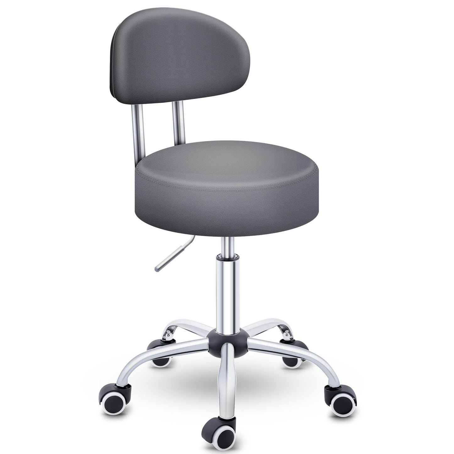 Höhenverstellbarer Drehhocker mit Lehne und Rollen, Grau