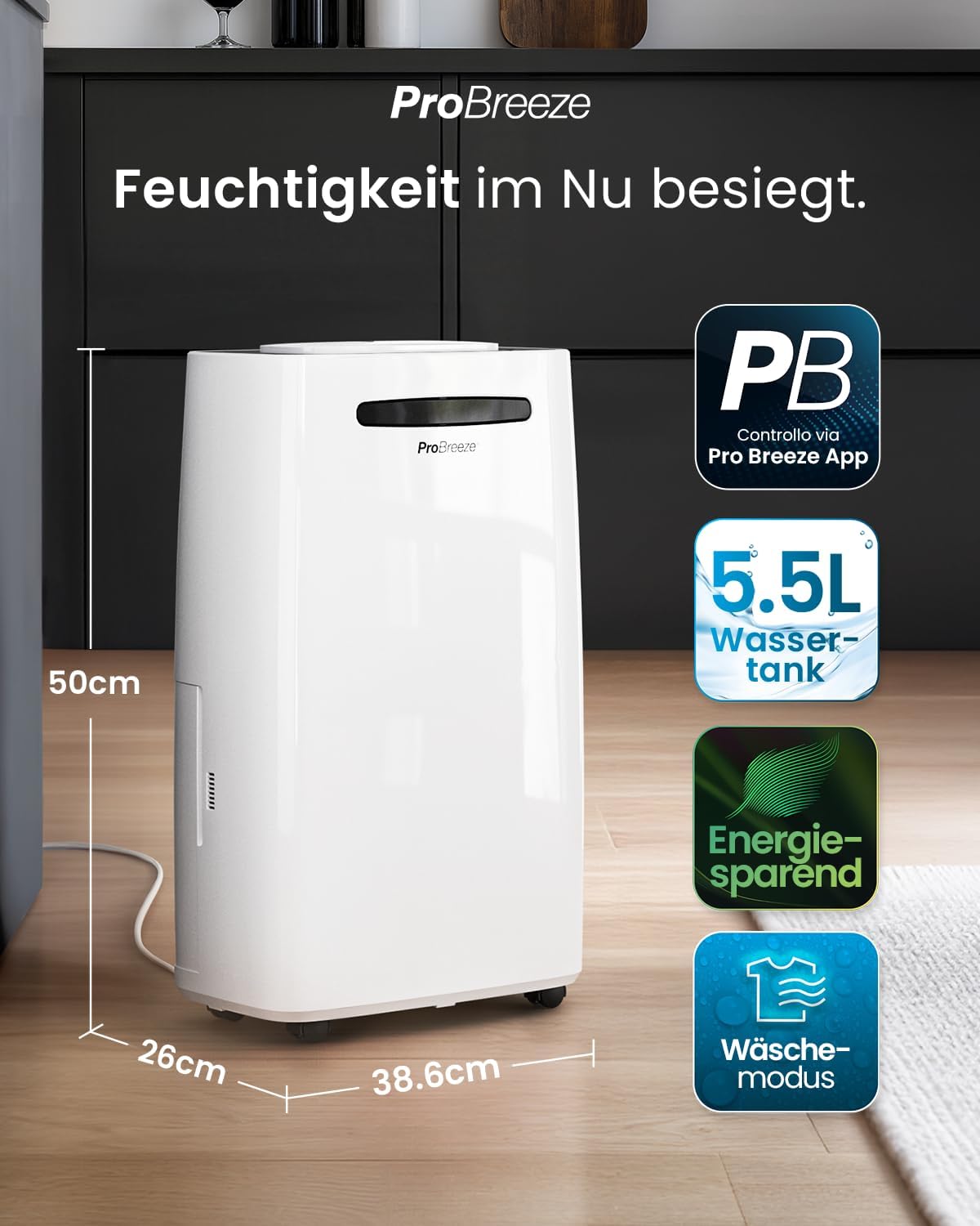 Smarter Luftentfeuchter mit Feuchtigkeitsanzeiger, 20L - 30 m² - Smart App