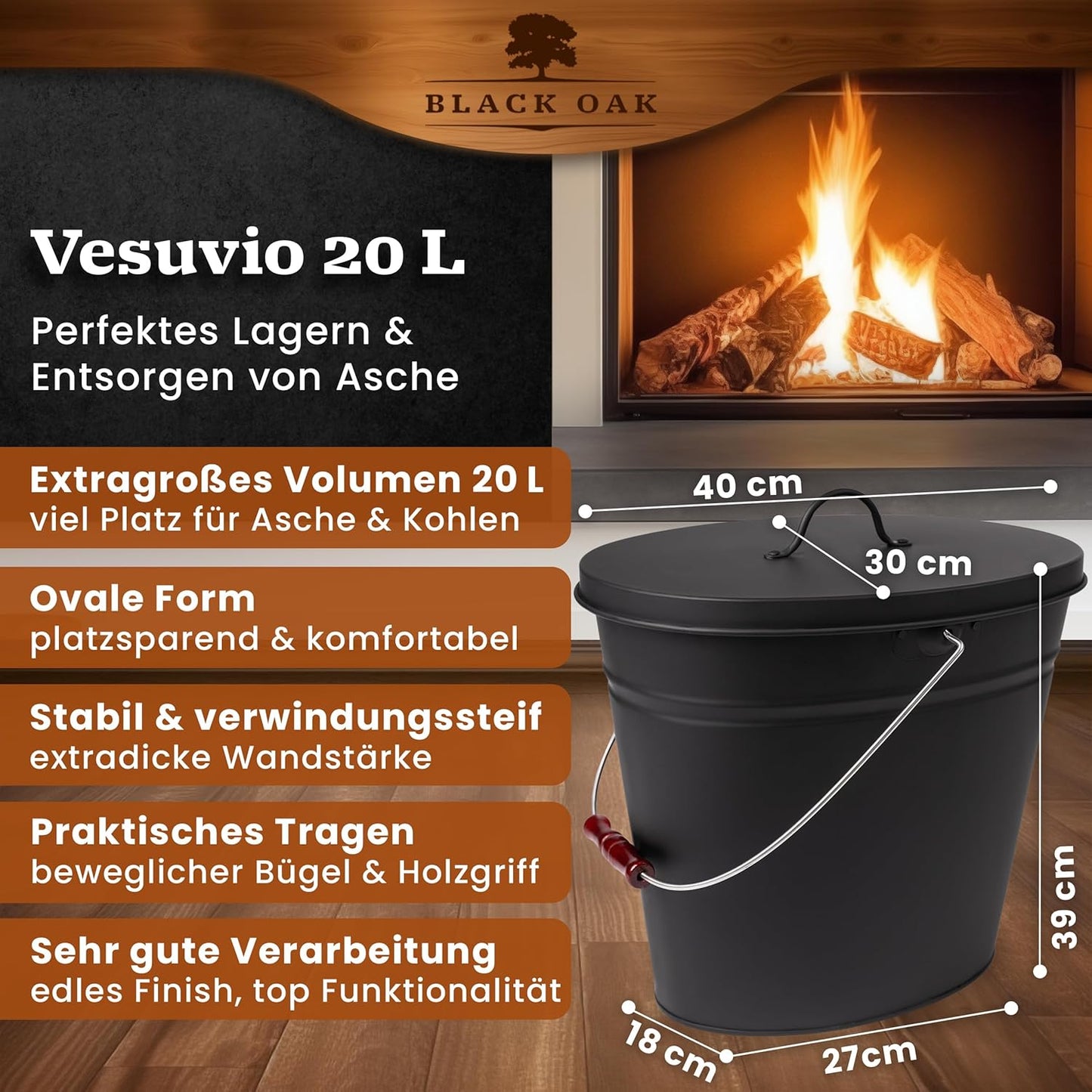 Ascheeimer Vesuvio mit Deckel, feuerfest, Vesuvio 20L