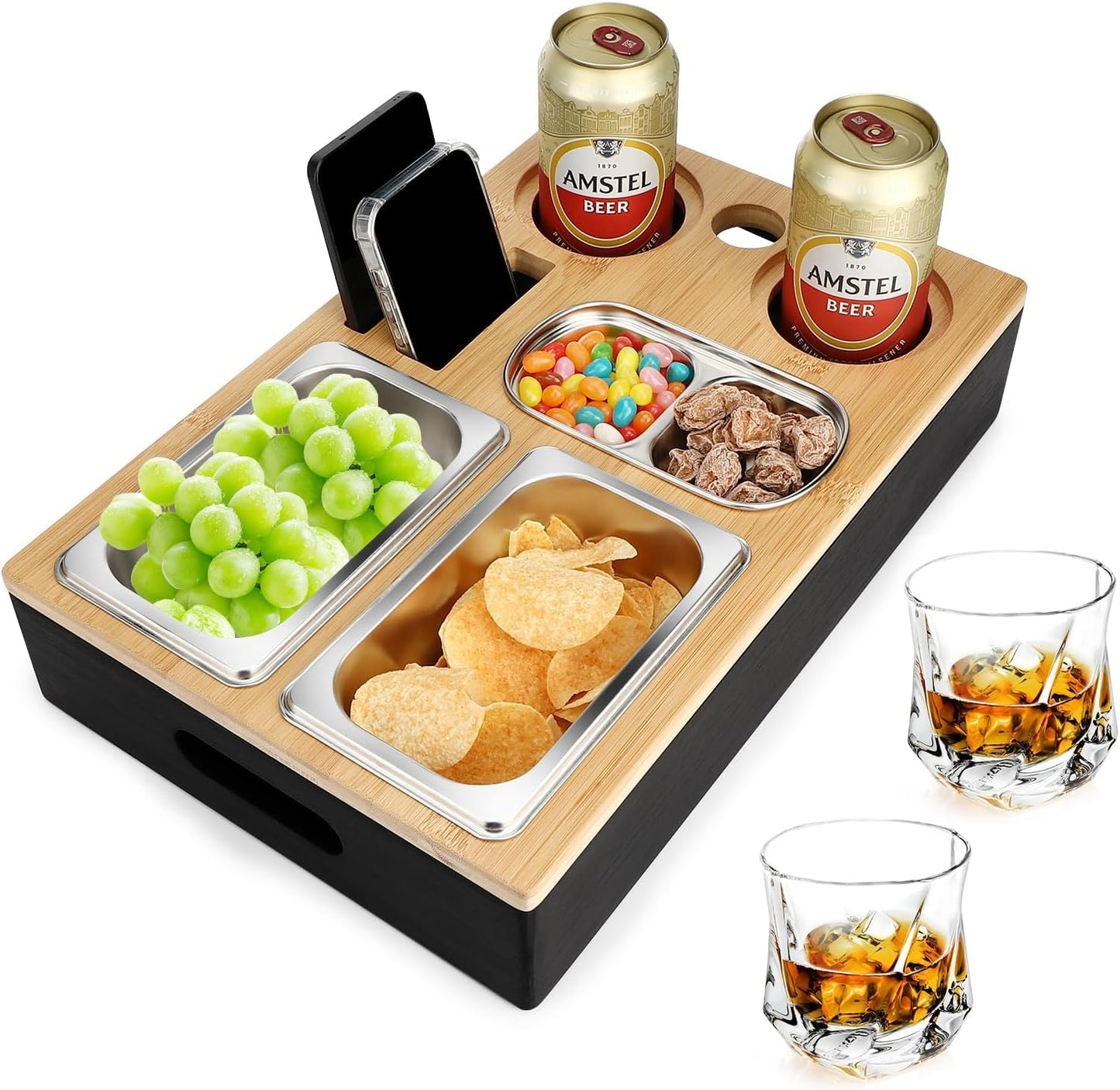 Sofa Tablett mit Edelstahl Snackschalen und Deckel