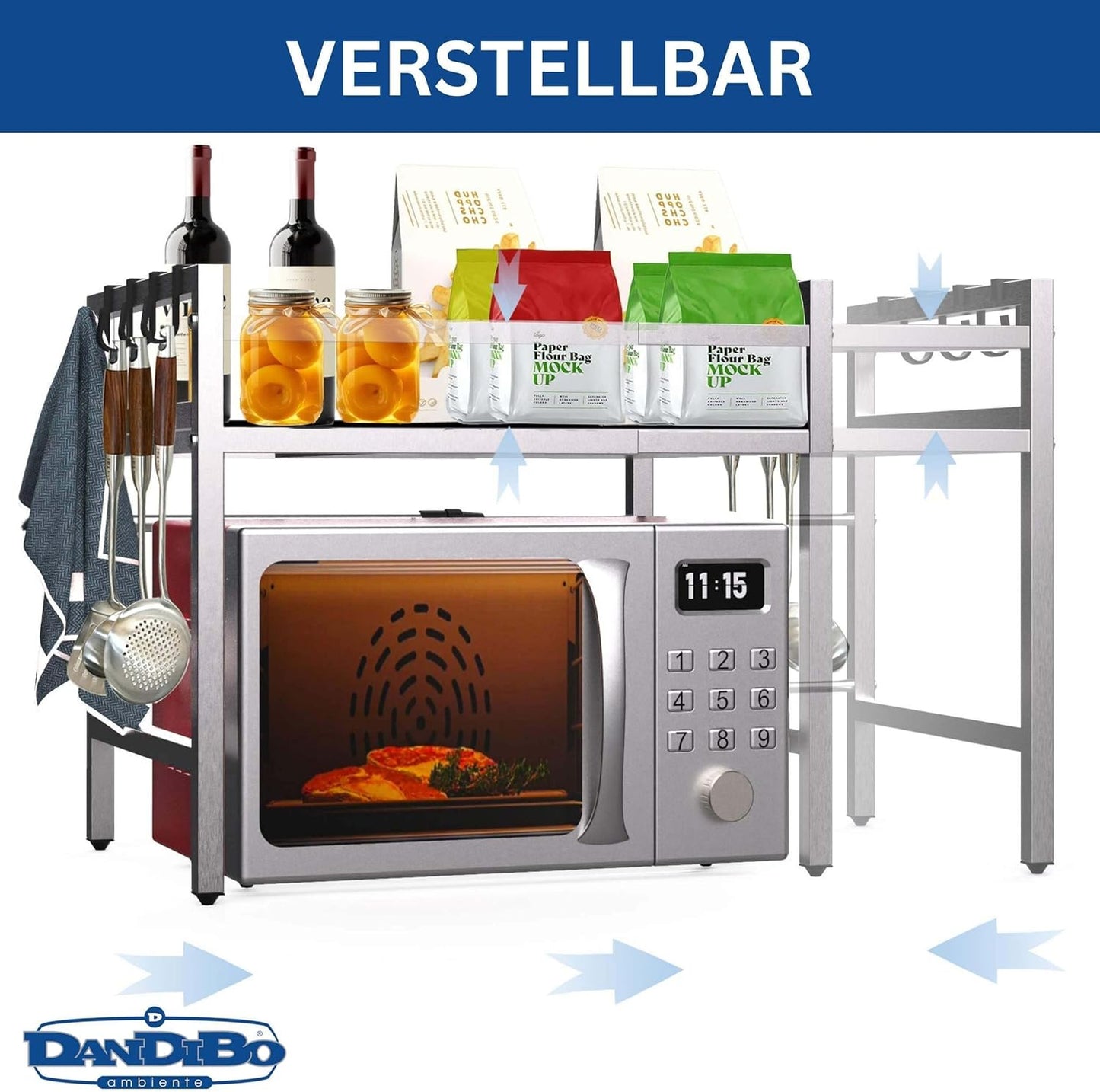 Verstellbares Mikrowellenregal 2-stufig, Silber/Edelstahl 2 Stufig / Höhe 46 cm