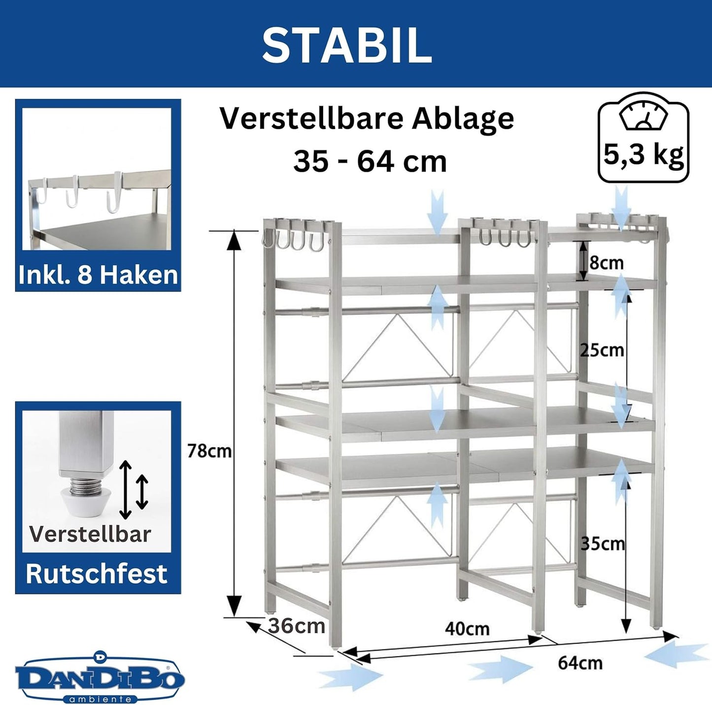 Verstellbares Mikrowellenregal, 3-stufig, Silber/Edelstahl 3 Stufig / Höhe 78 cm
