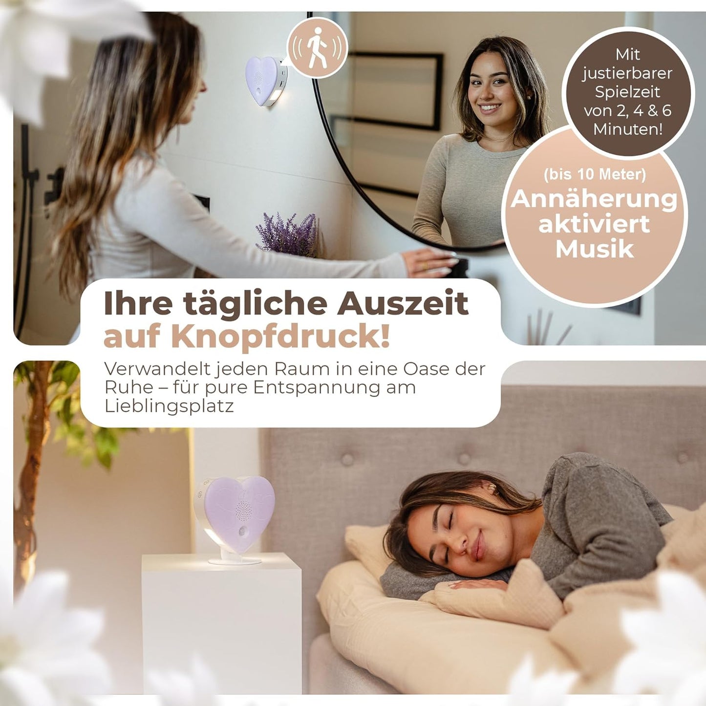 Naturgeräusche-Box mit Bewegungsmelder & Timer, Pastell-violett Herz