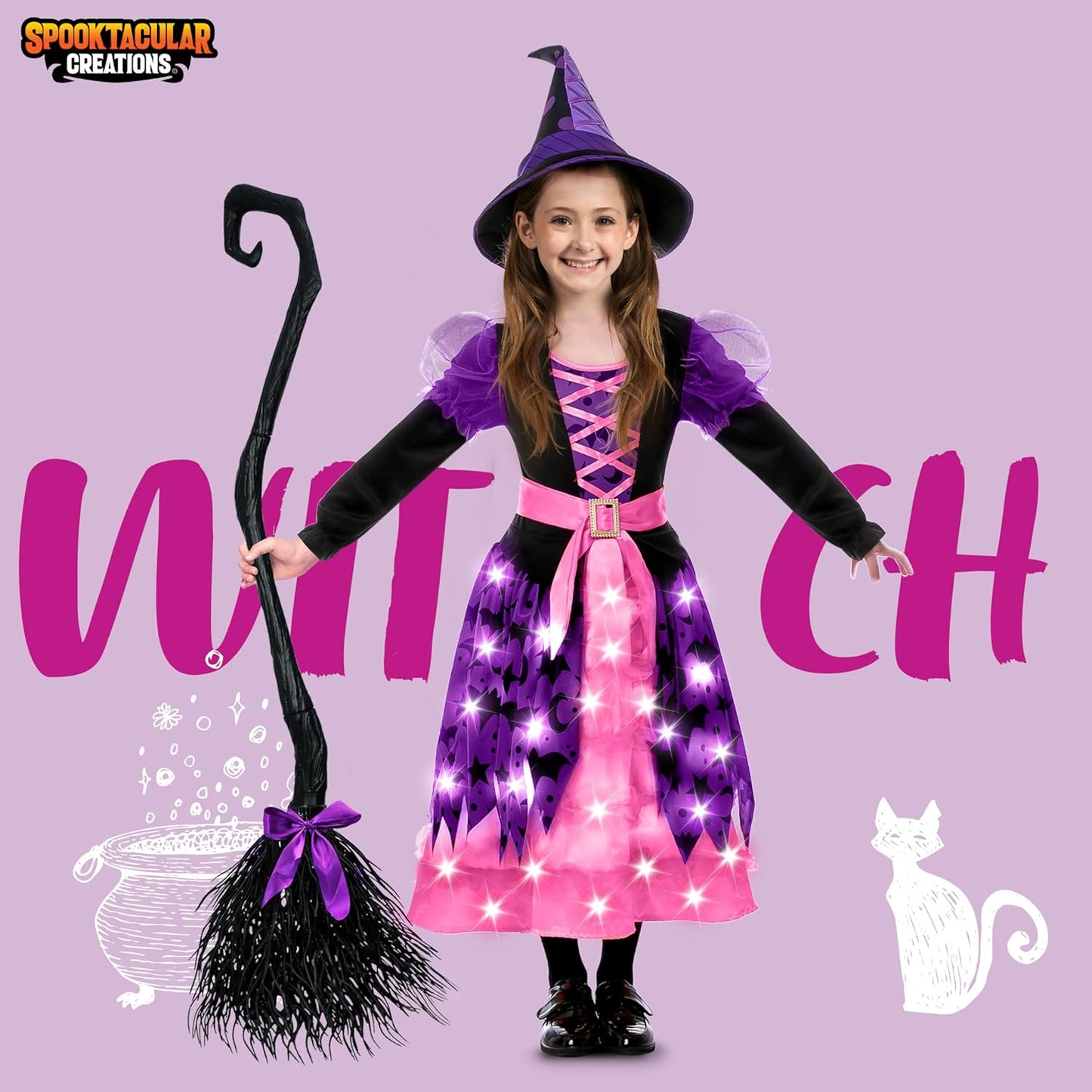 Hexenkostüm für Mädchen mit Leuchteffekt, Rosa Medium (8-10 yrs)