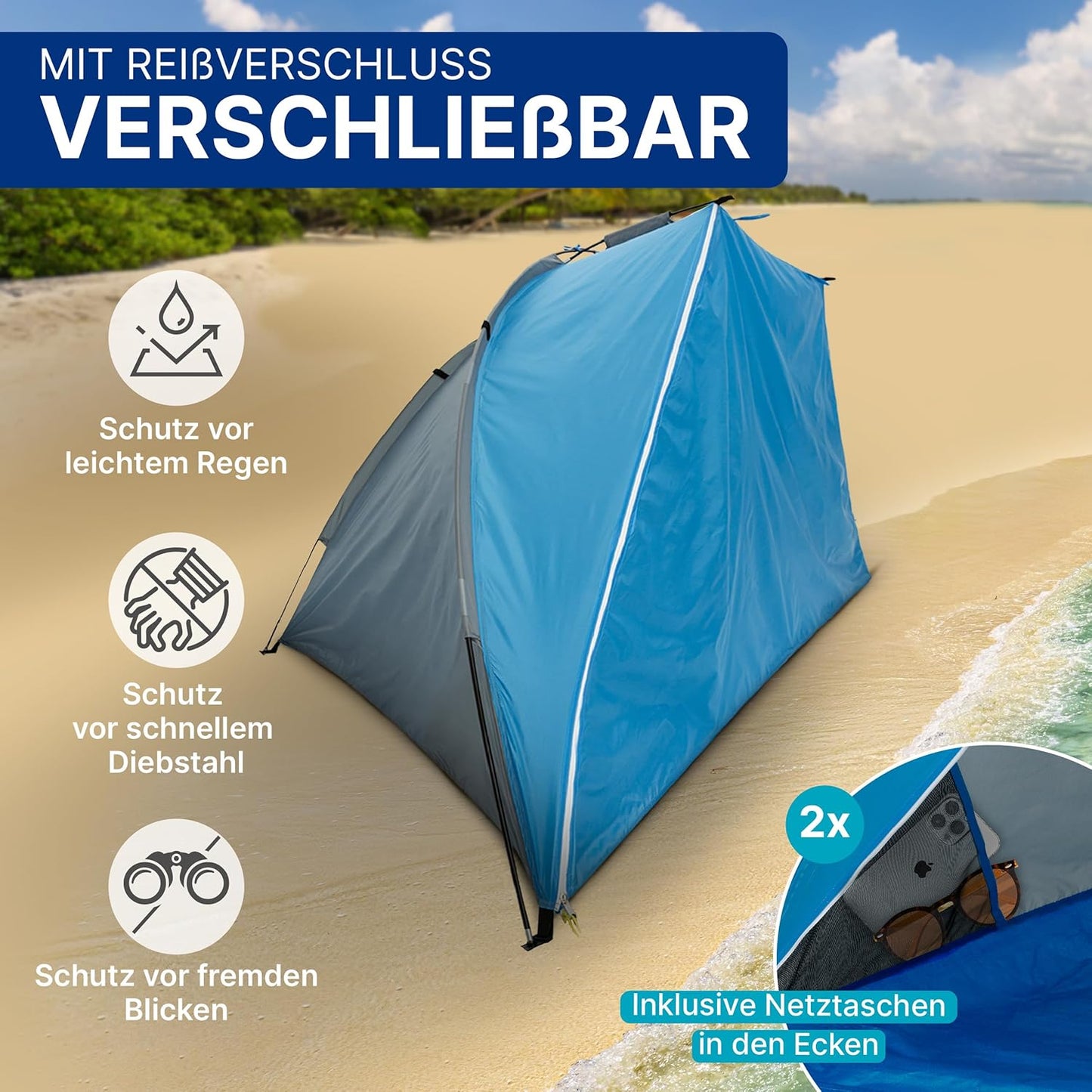 Strandmuschel mit Sonnendach, UV Schutz 80+ (270x120x120cm), Strandmuschel mit Sonnendach