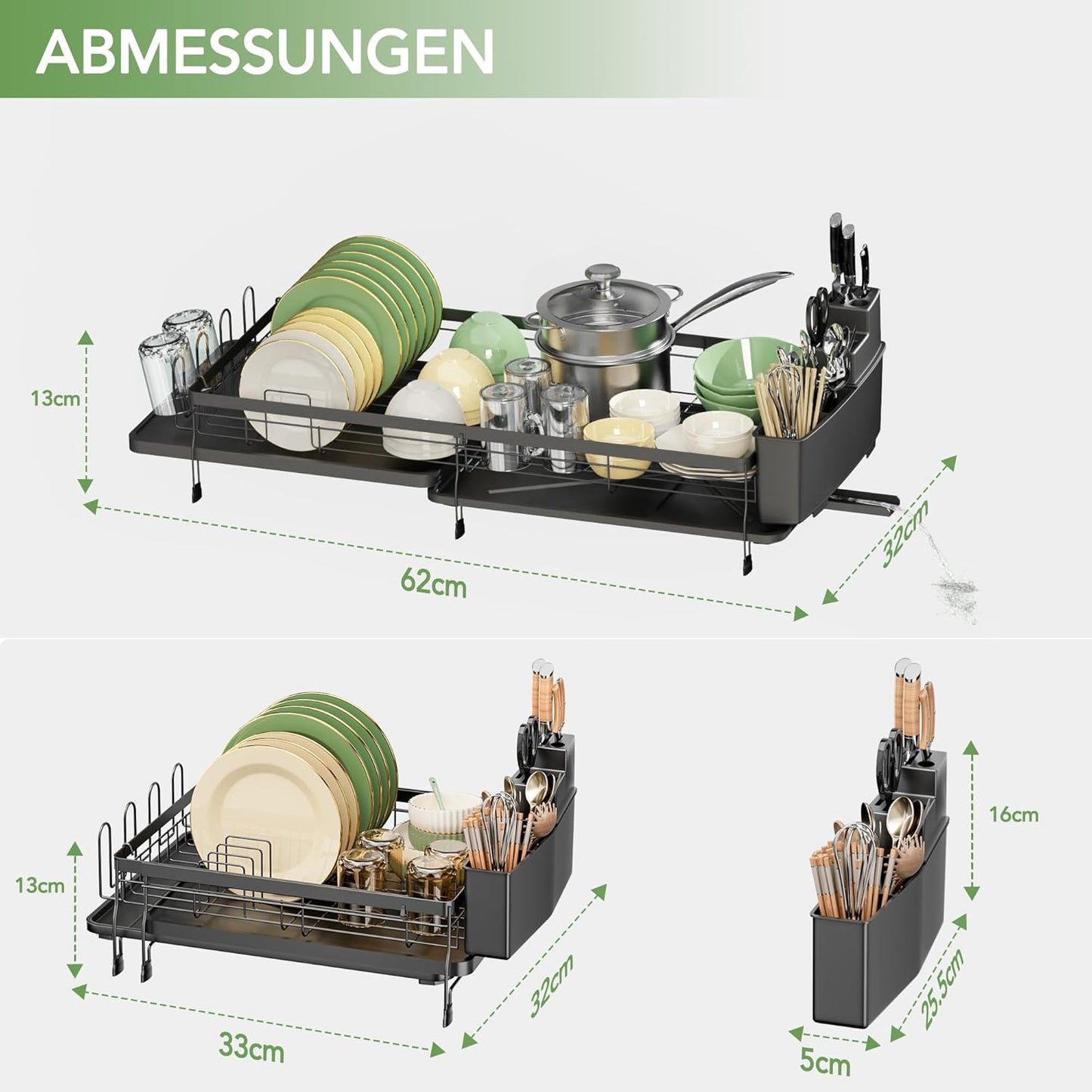 Erweiterbares Abtropfgestell für Küchentheke, Schwarz - Ausbaufähig